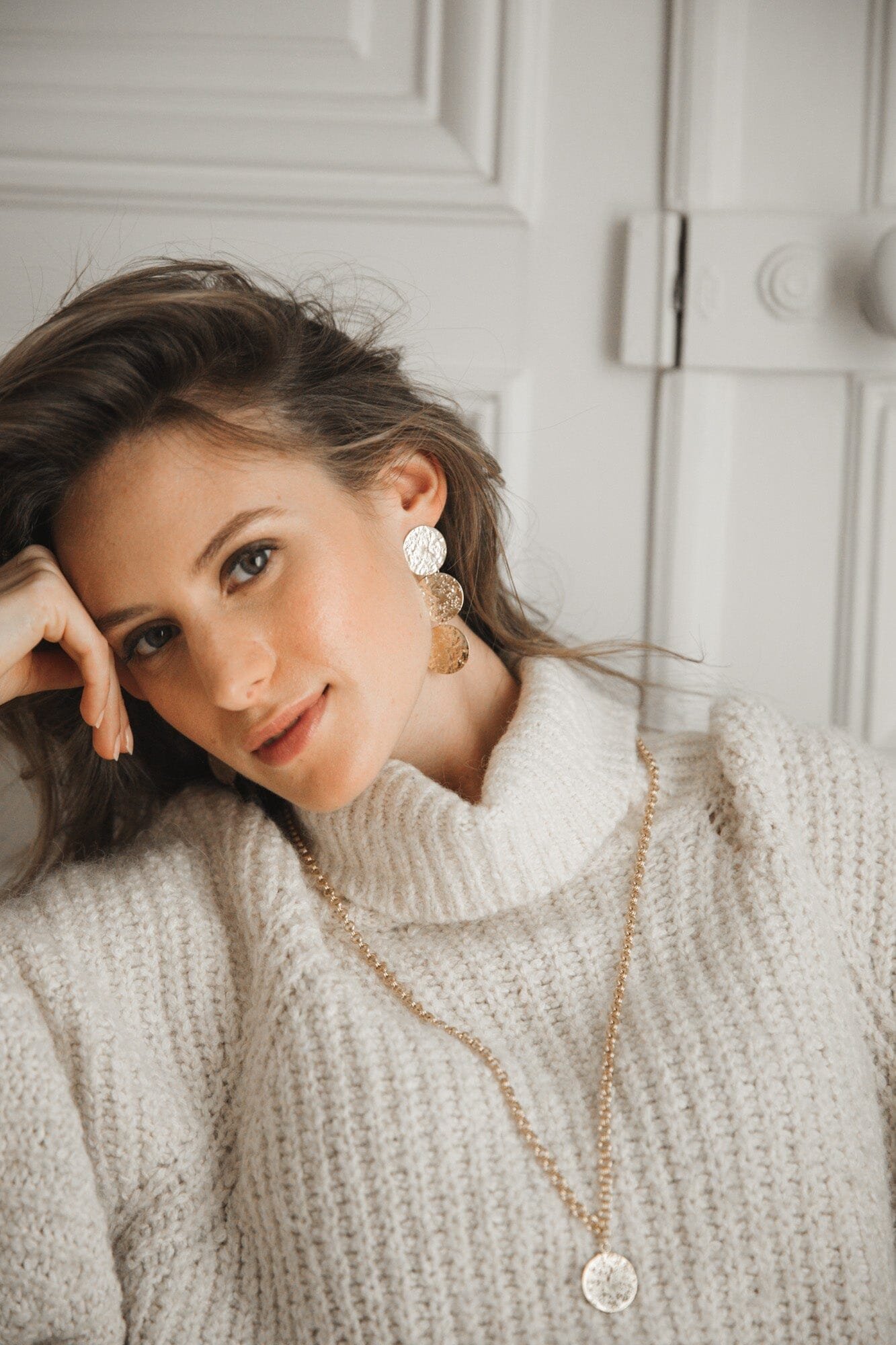 Maxi hammered gold-plated round stud drop earrings MONSIEUR SIMONE Silver