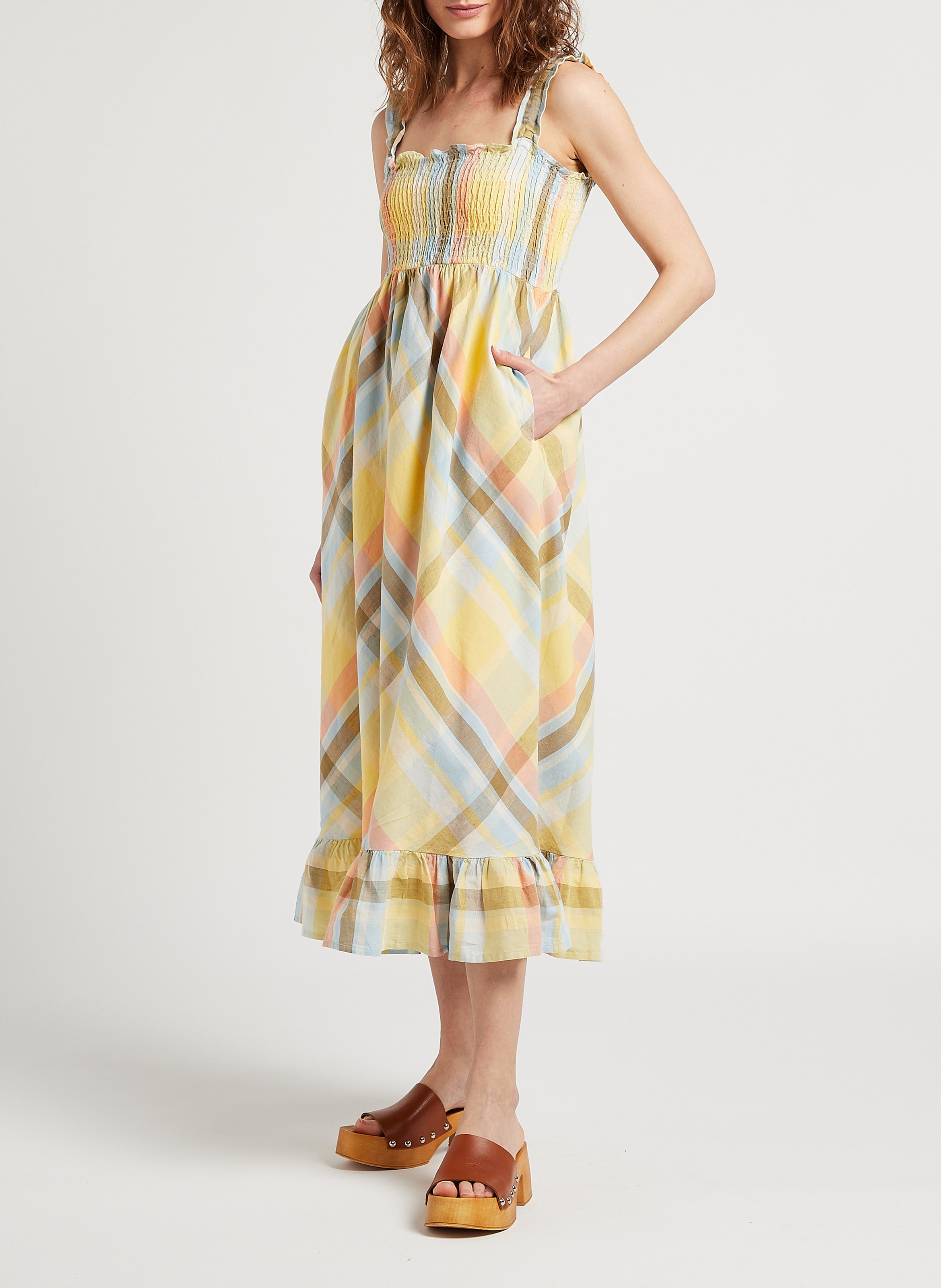 Halflange jurk met gesmokt detail | linnen/katoenblend THE NEW SOCIETY Veelkleurig