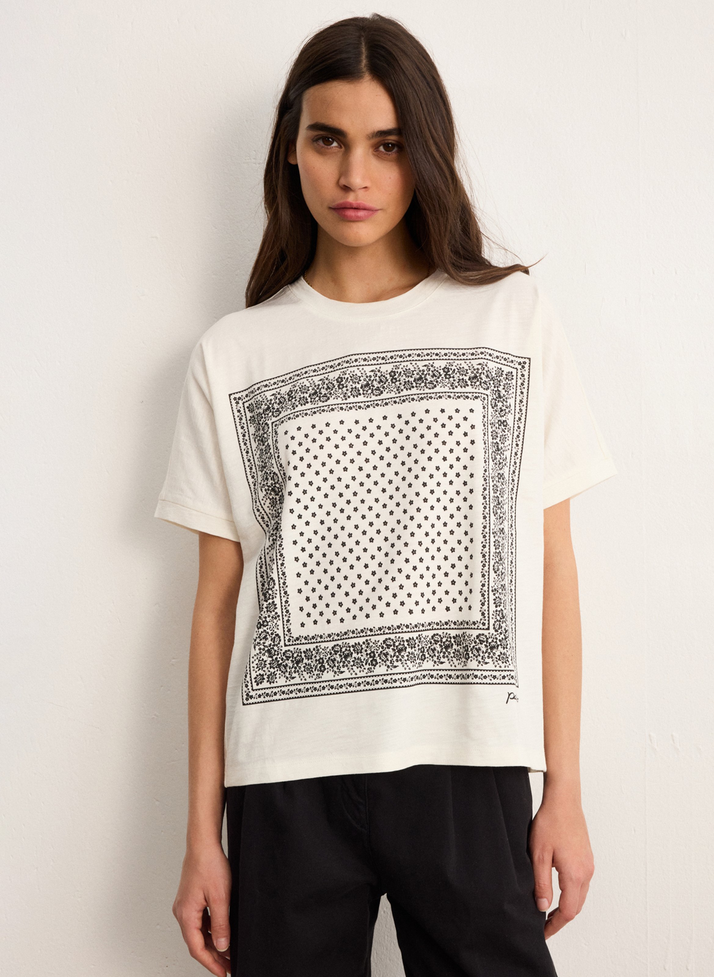 Tee-shirt droit col rond en coton mélangé imprimé PABLO Beige