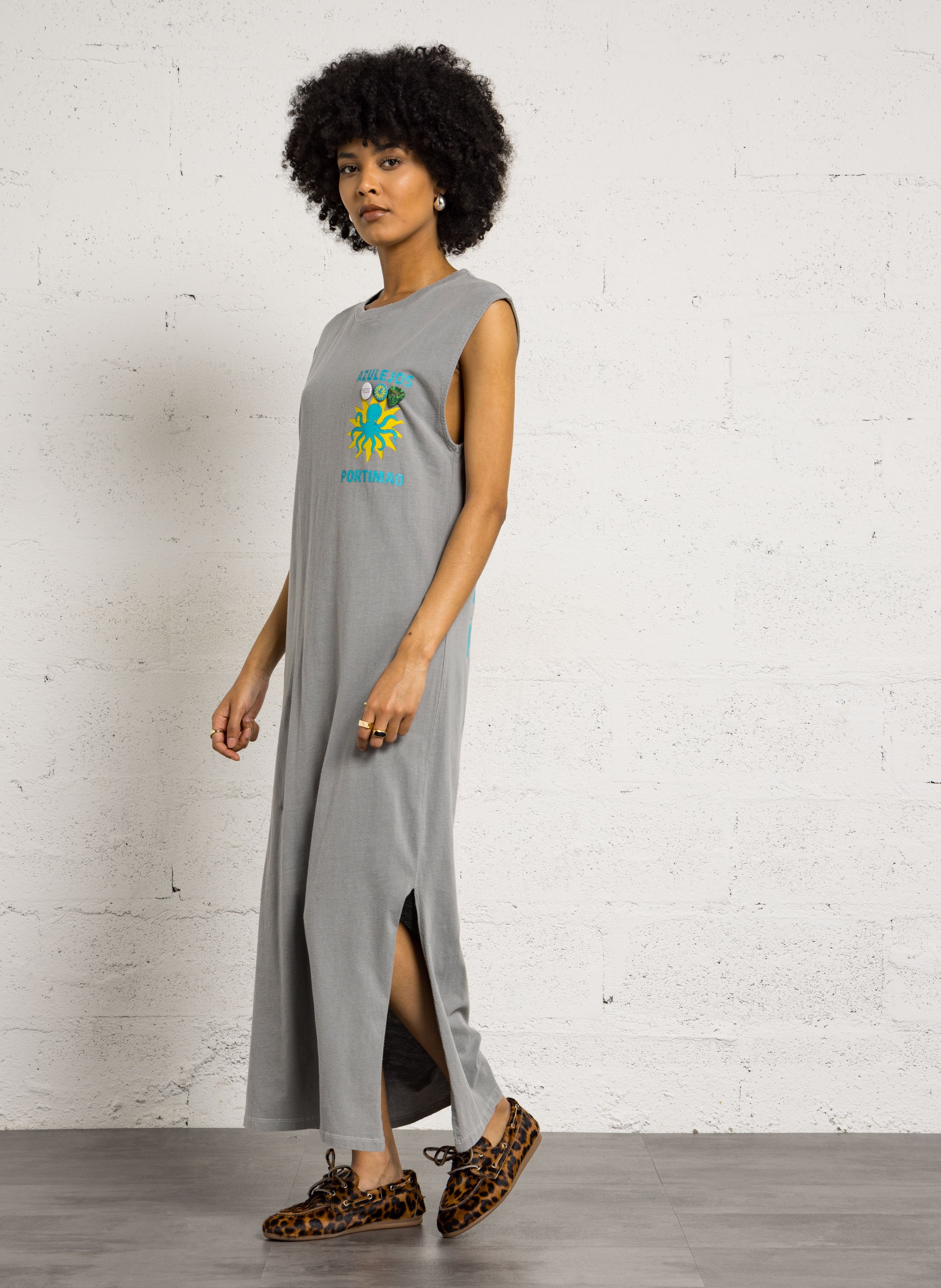 Lange jurk met ronde hals en zeefdruk van katoen NEWTONE Grijs