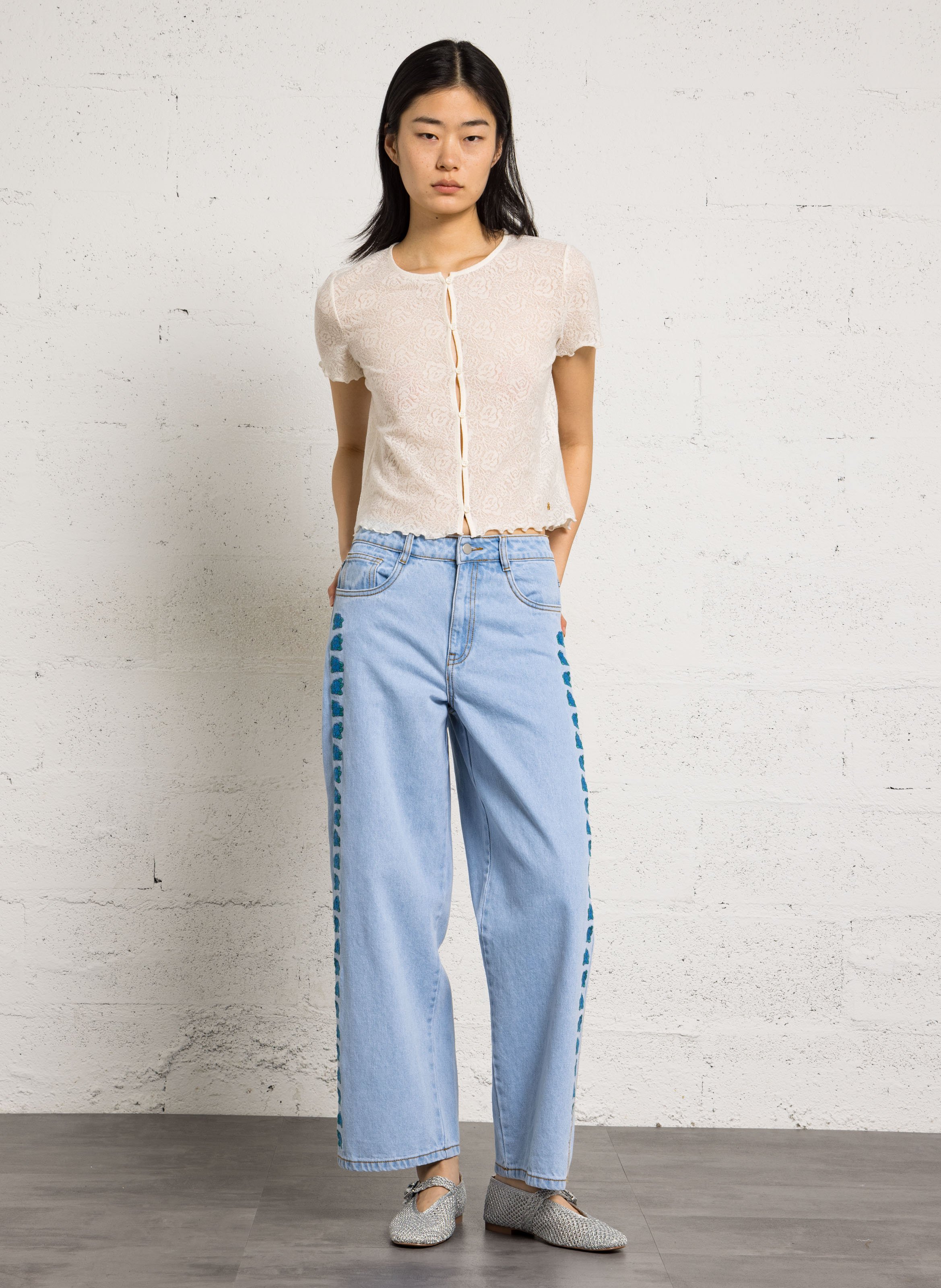 Lace buttoned t-shirt DES PETITS HAUTS Beige