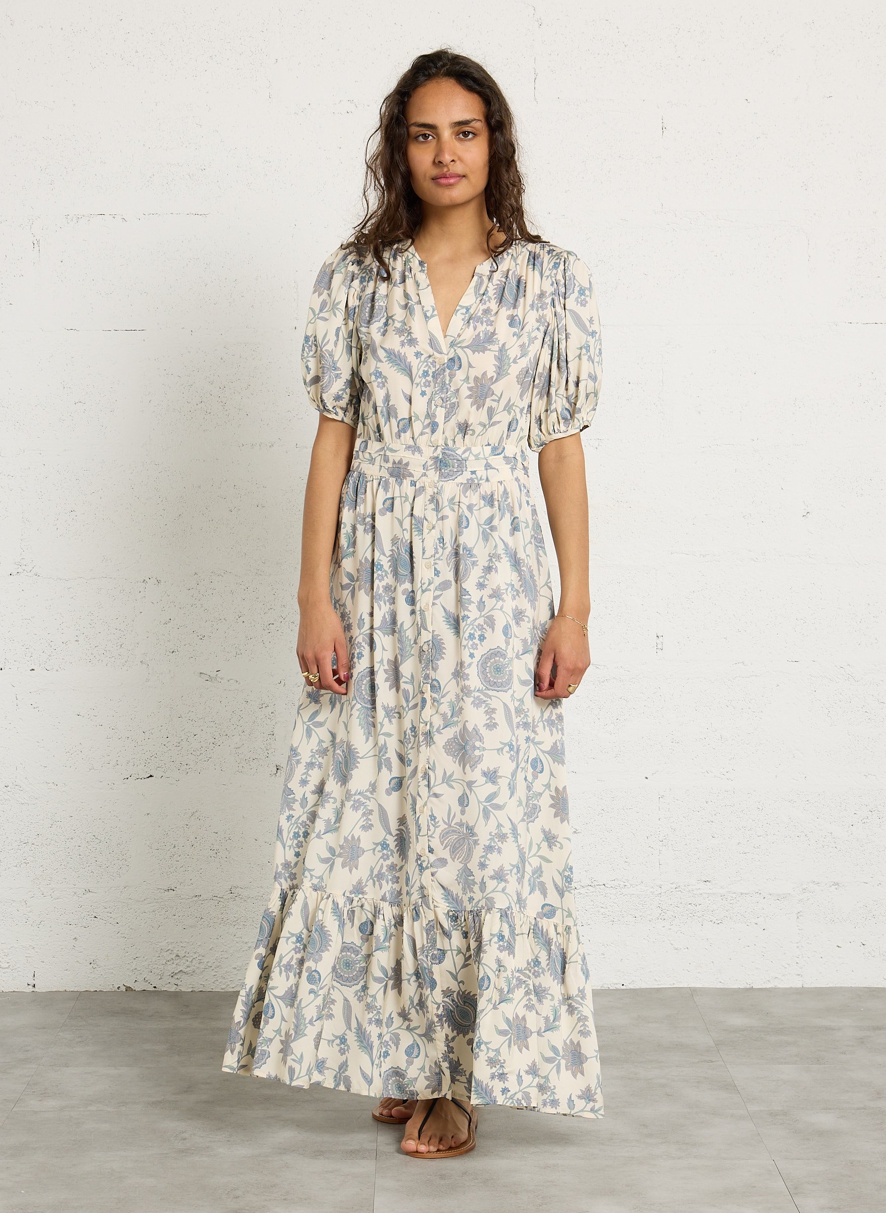 Robe longue fluide col V imprimée PETITE MENDIGOTE Beige