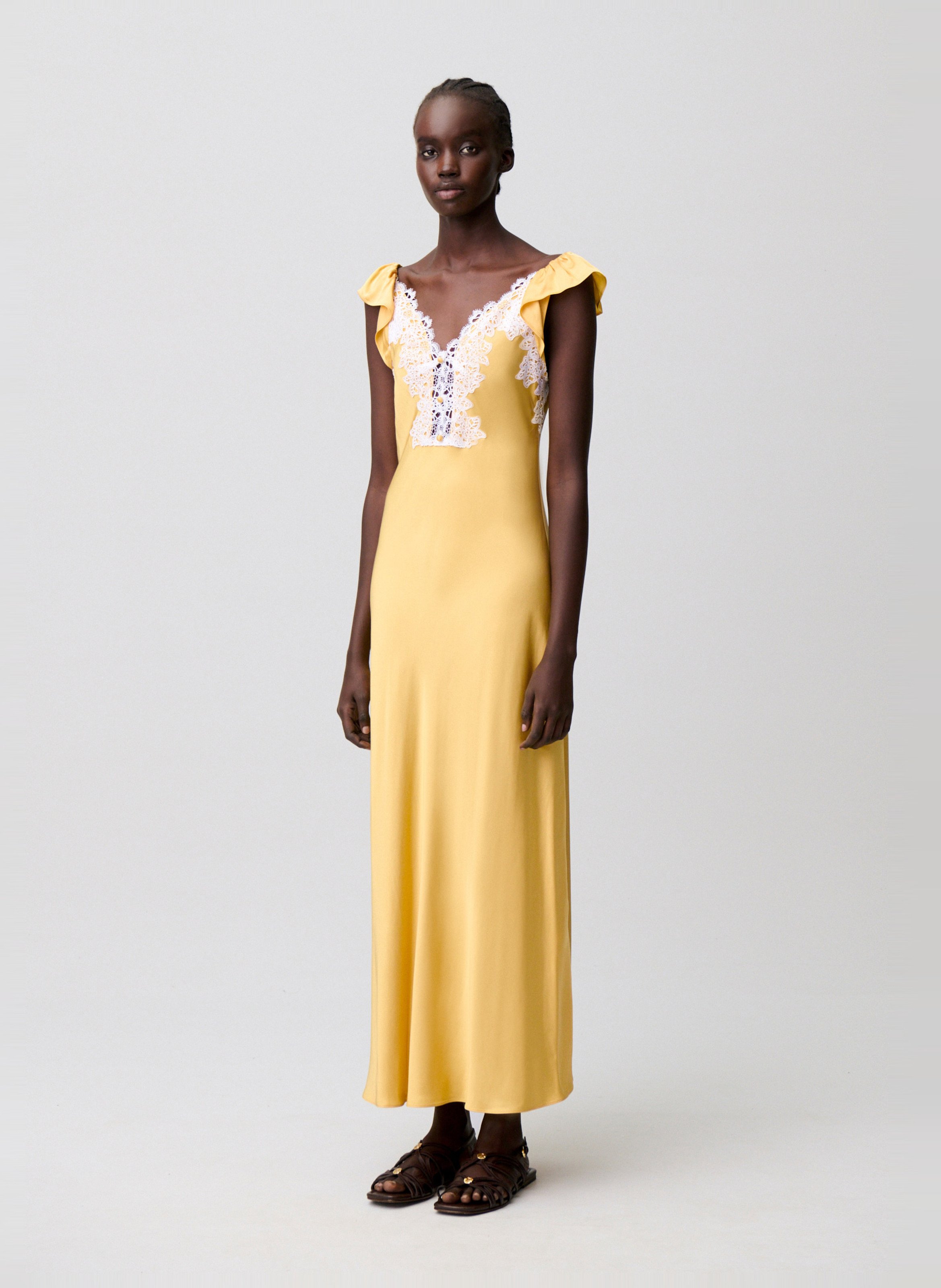 Satin Long Dress with Lace CLAUDIE PIERLOT Yellow