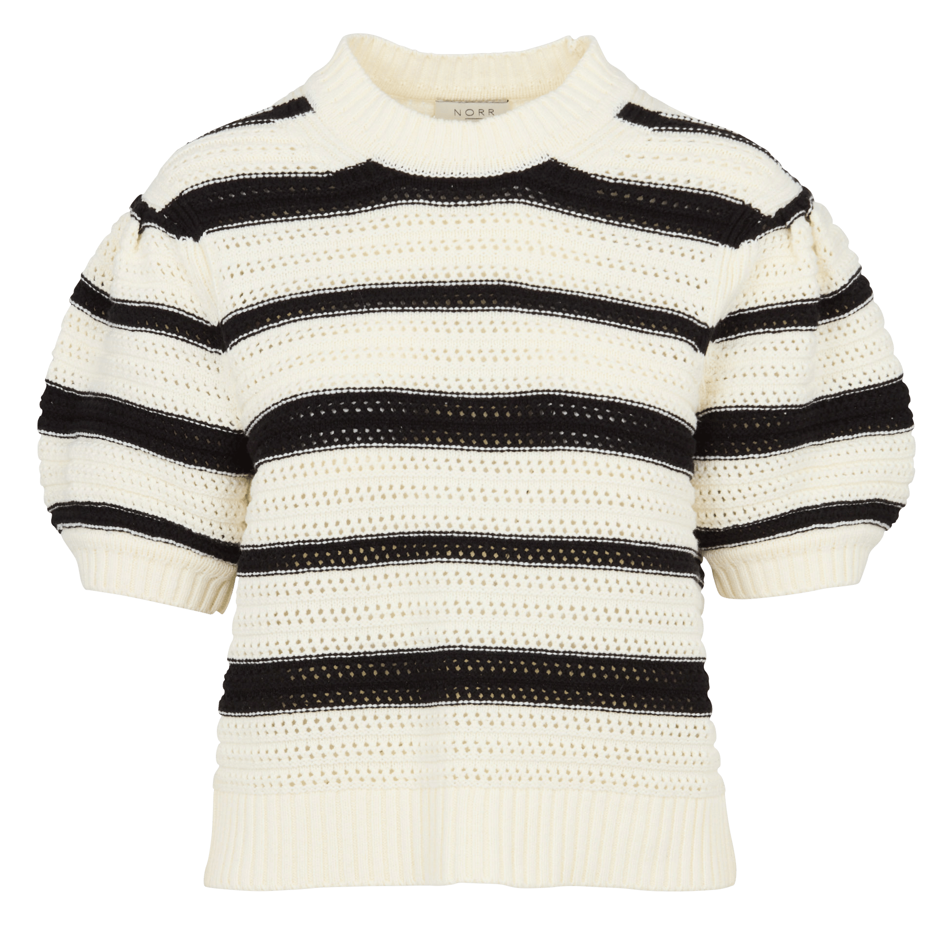 Gerade geschnittener Rundhalspullover aus Baumwolle mit Ajourmuster und Streifen NORR Schwarz