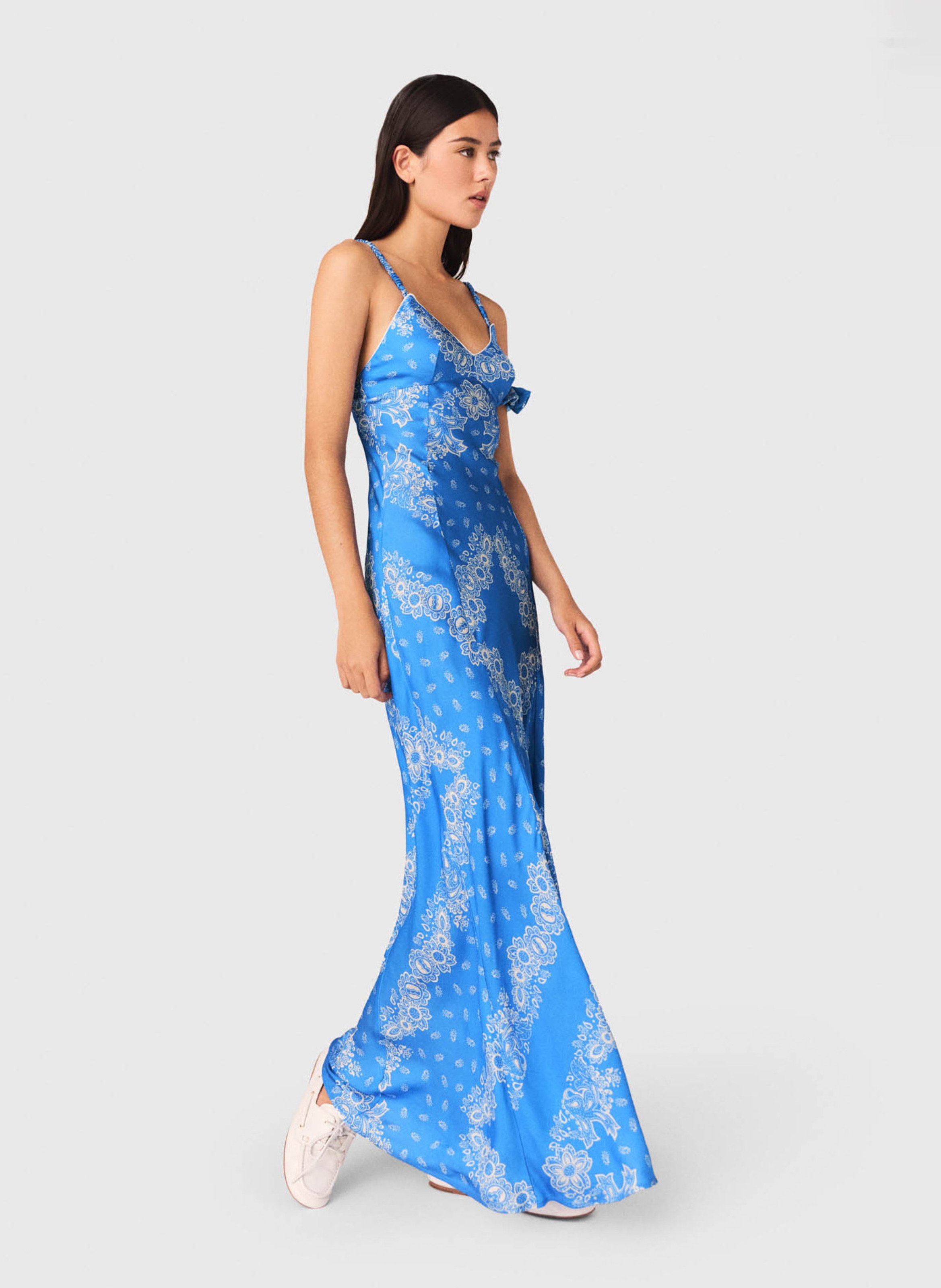 Robe longue col V imprimée MAJE Bleu