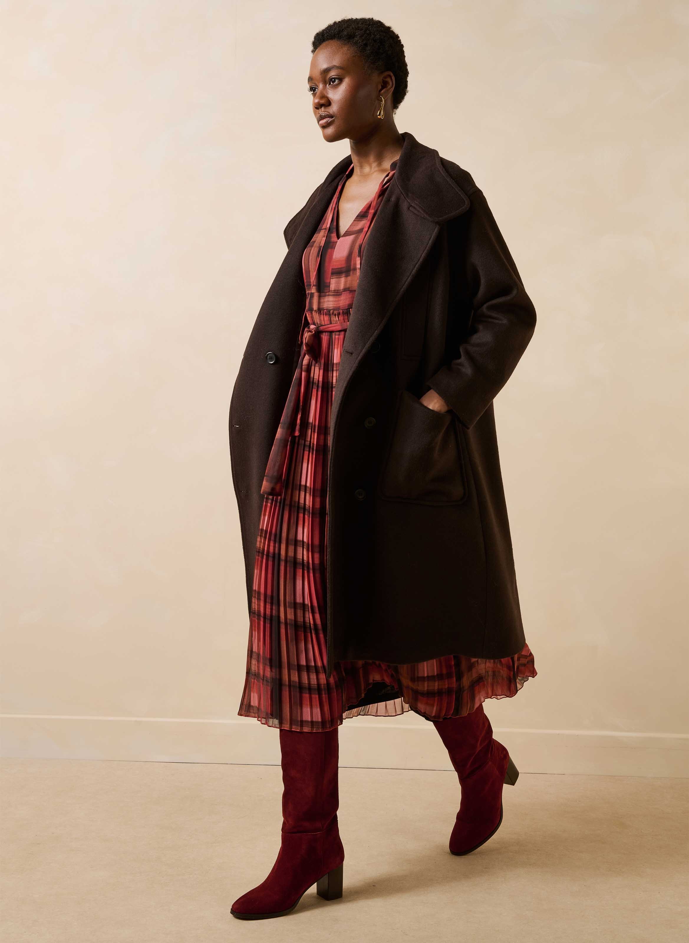 Manteau droit en laine recyclée mélangée LA FEE MARABOUTEE Marron