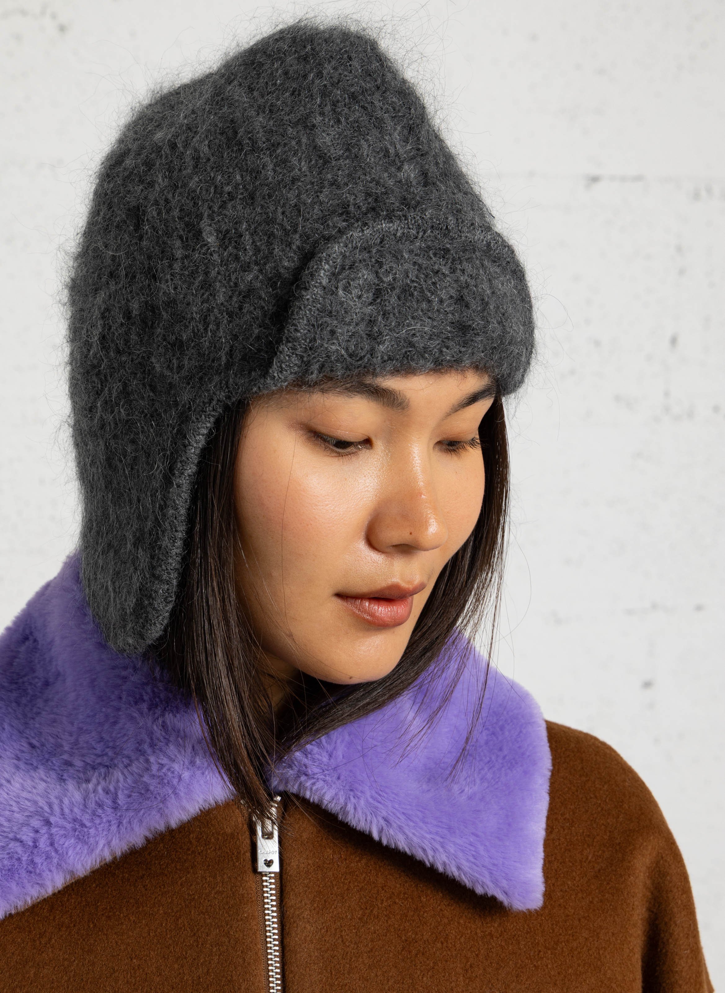 Bonnet esprit chapka en mohair mélangé DES PETITS HAUTS Gris
