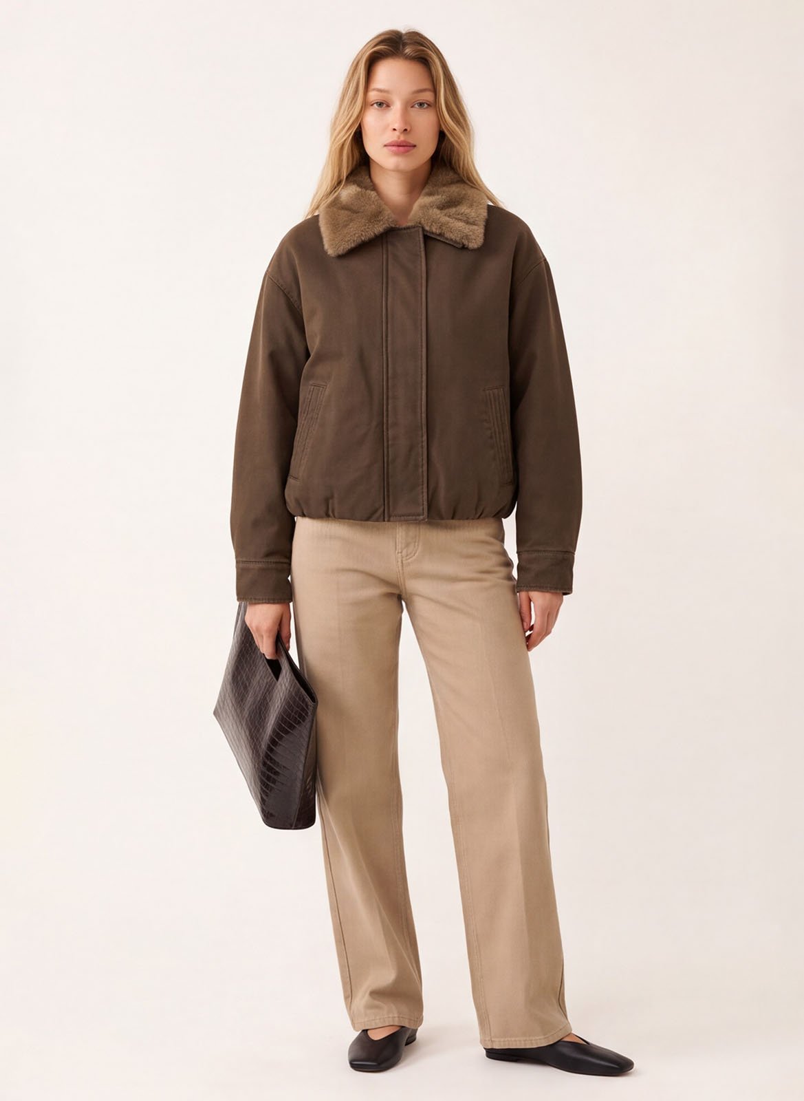 Straight-cut cotton jacket with a faux fur-effect collar KOOKAI Brown