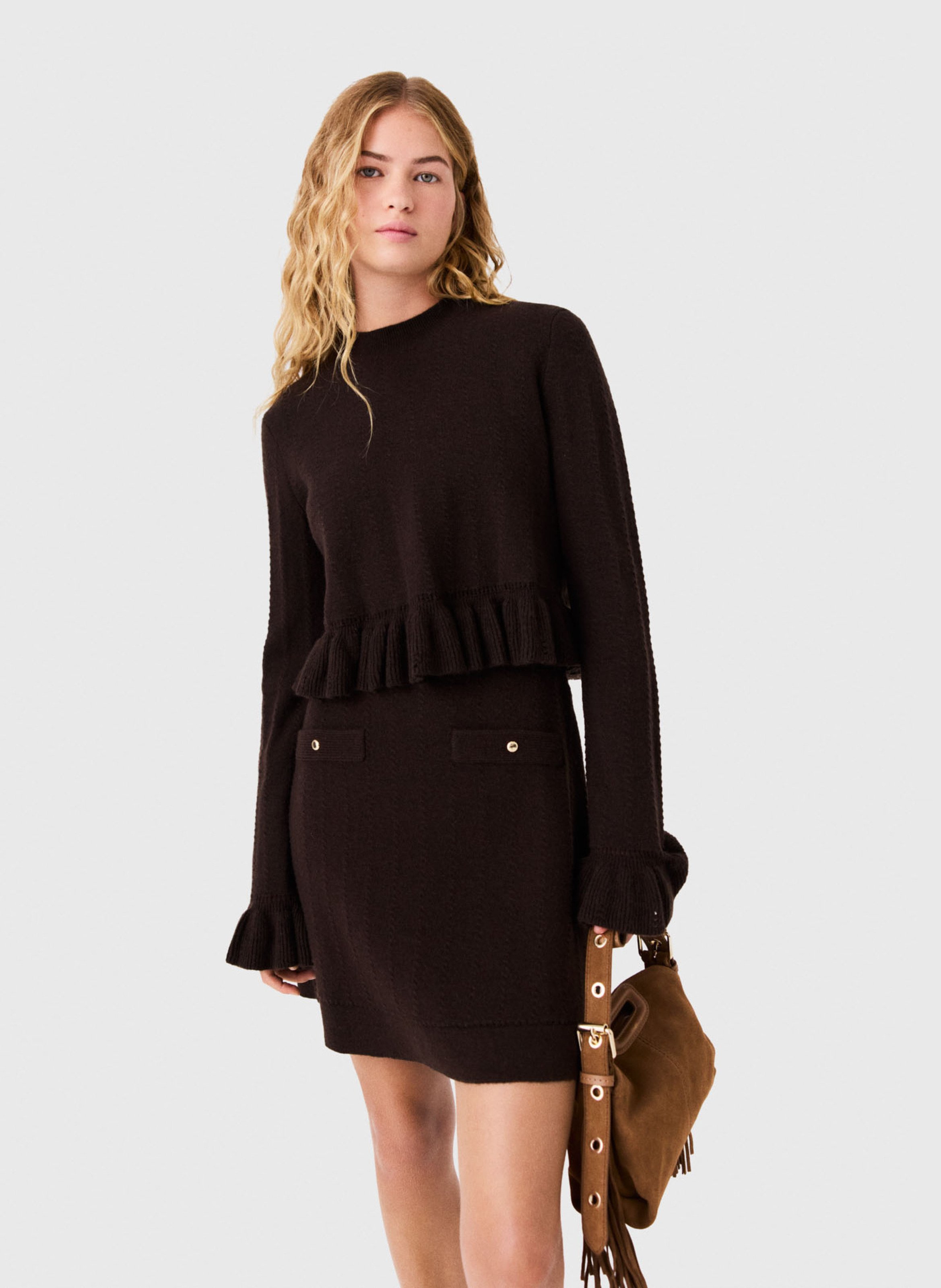 Robe courte en maille évasée MAJE Marron