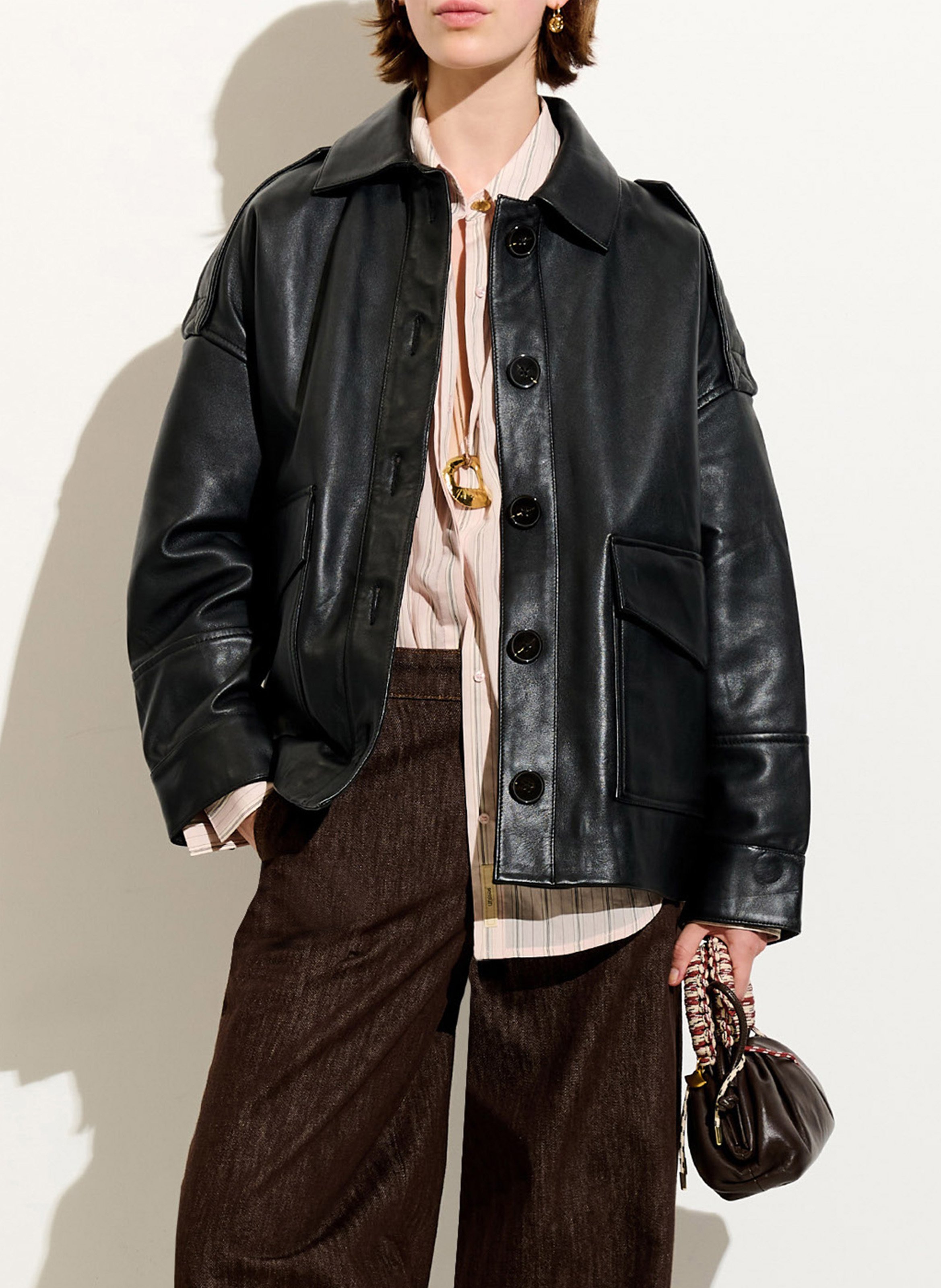 Oversized buttoned leather jacket SESSUN Black