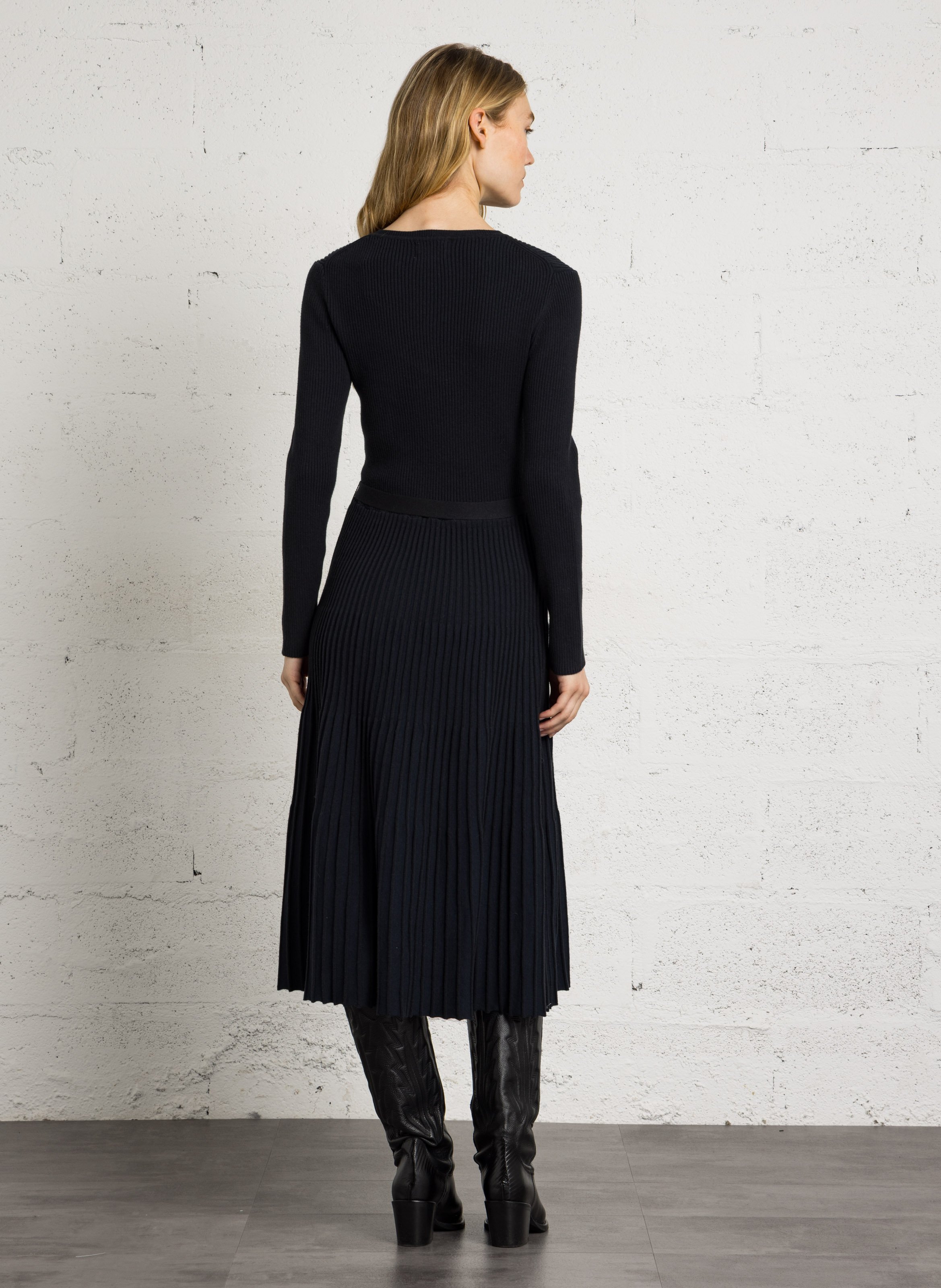 Halflange jurk met ceintuur - katoenblend MAISON 123 Blauw