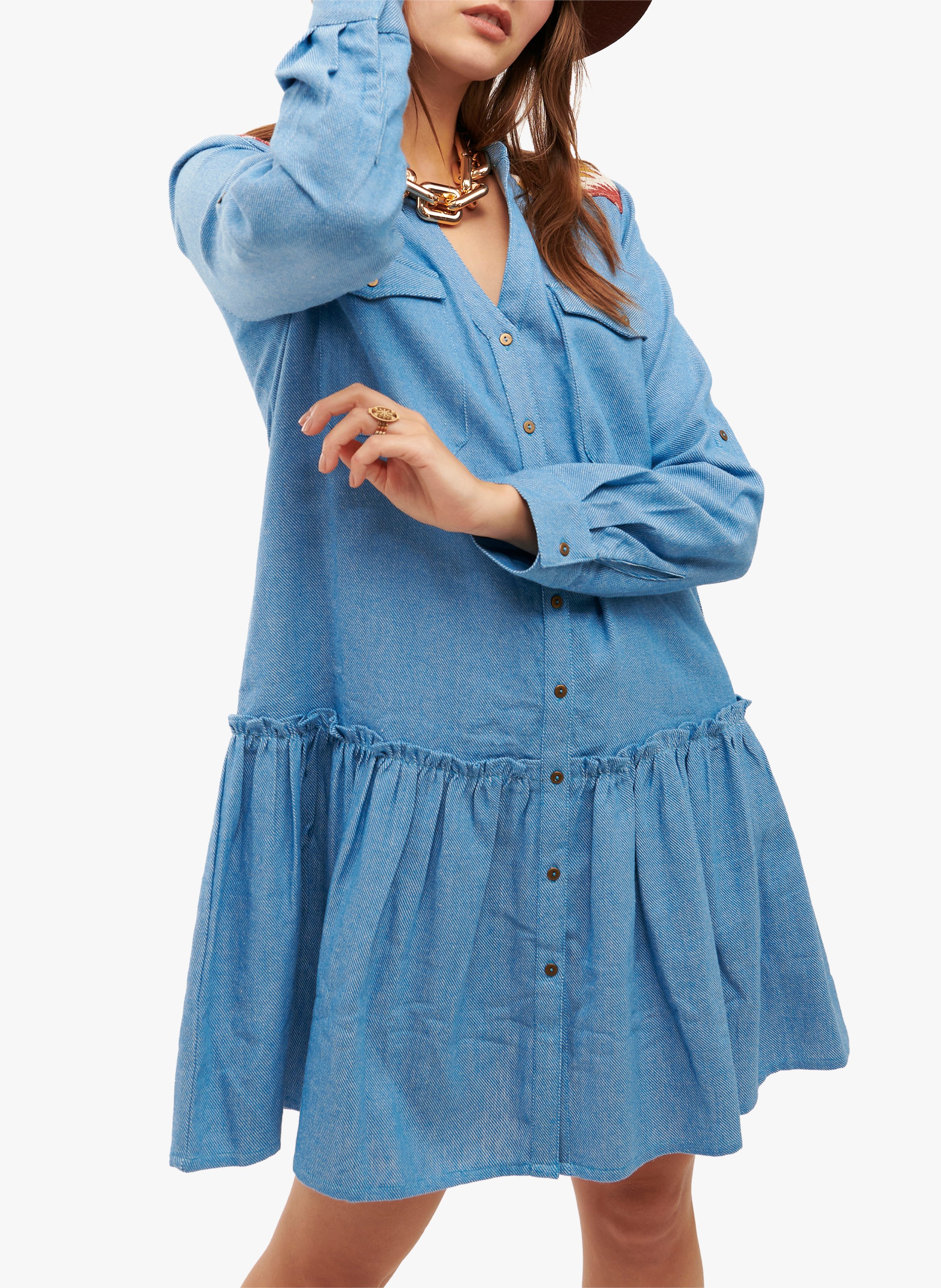 Short cotton dress with Tunisian collar WILD Blue