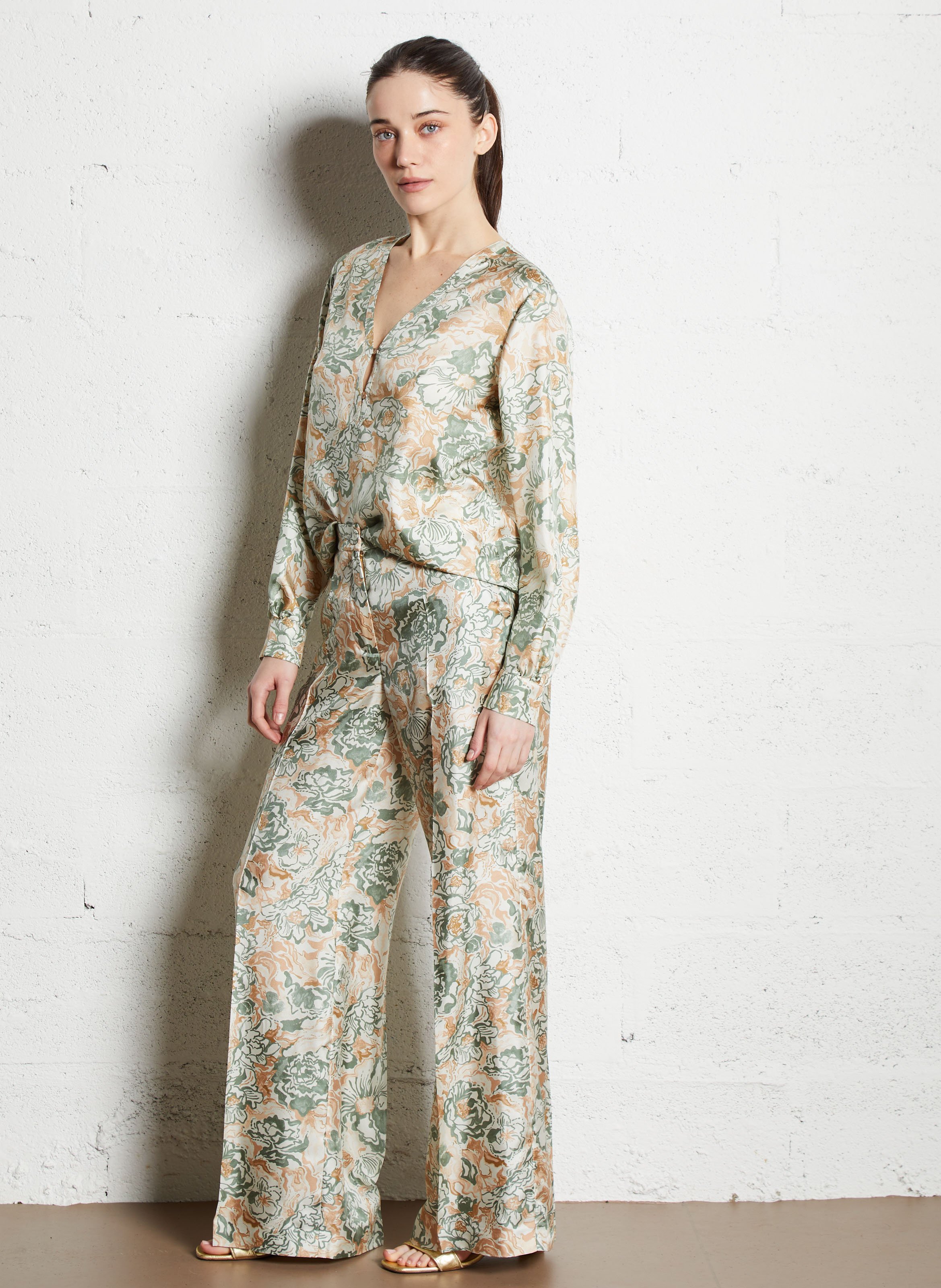 Pantalon large imprimé en soie Multicolore