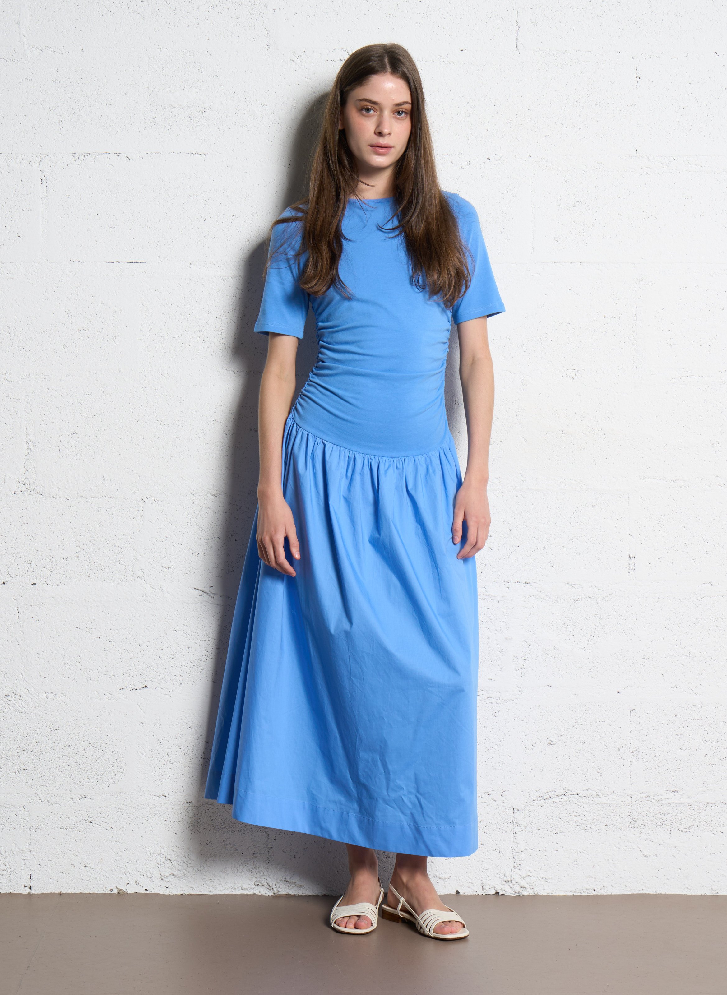 Long cotton-blend dress with round neck NEVER FULLY DRESSED Blue