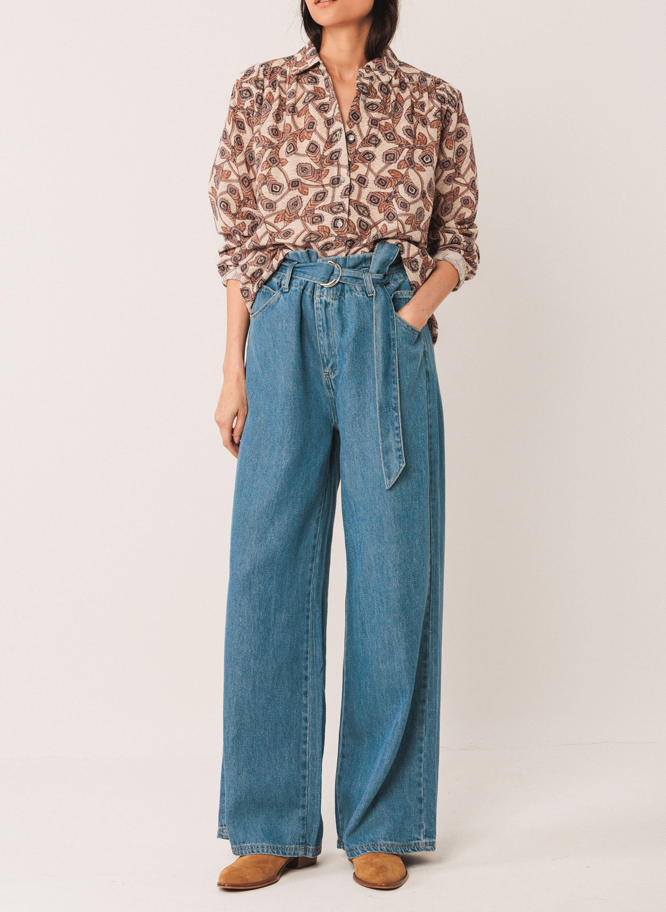 Chemise ample imprimée en coton INDI & COLD Beige