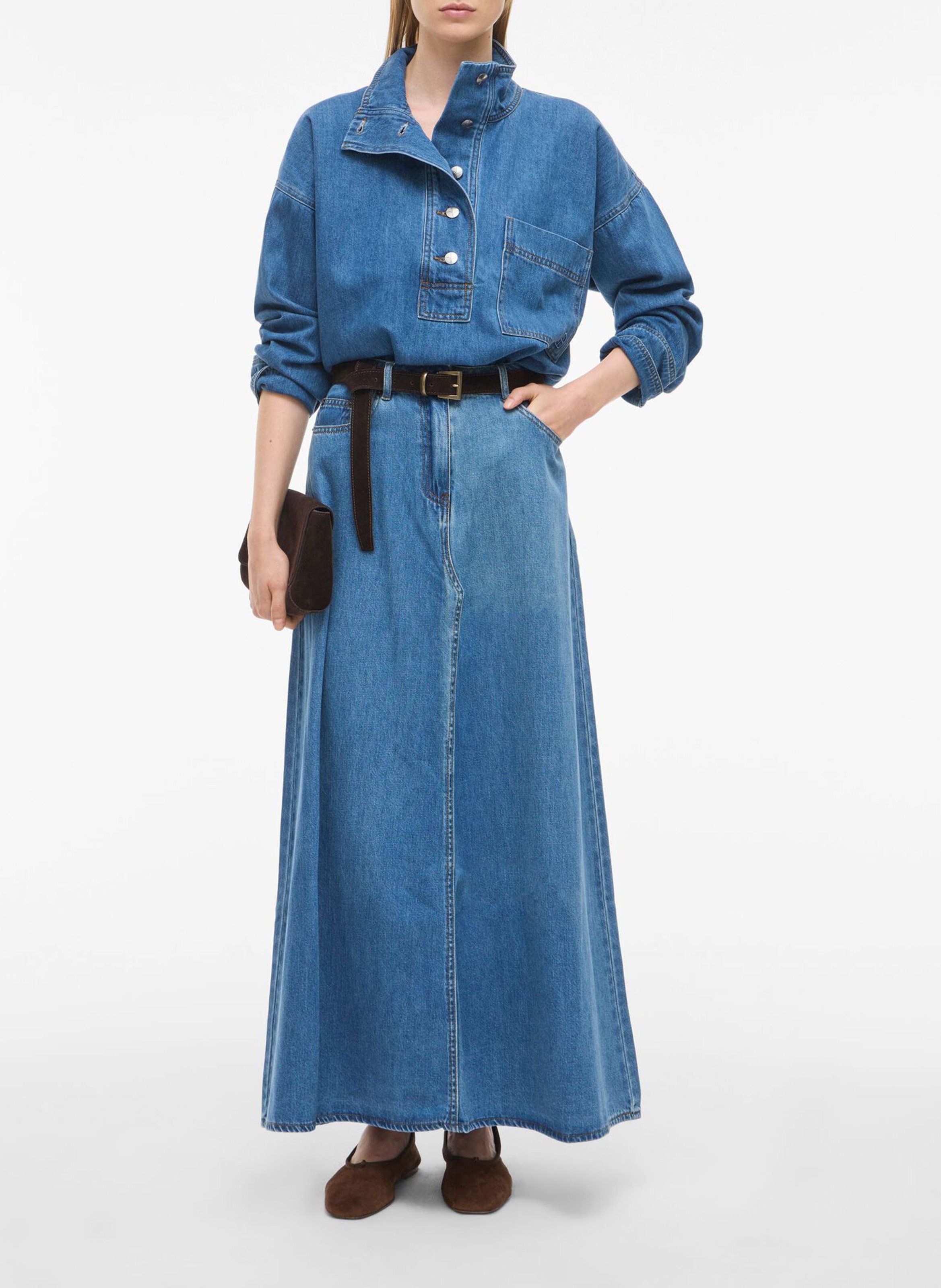 Jupe longue évasée en denim de coton mélangé ROUGE EDIT Bleu