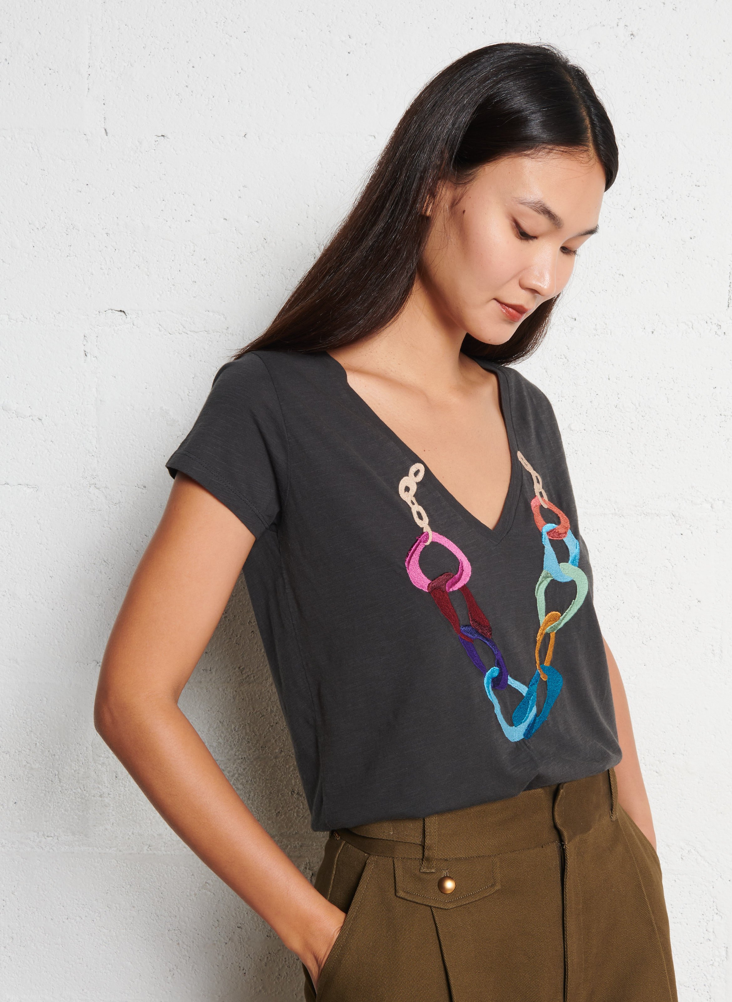 T-shirt van biokatoen met V-hals LEON & HARPER Grijs