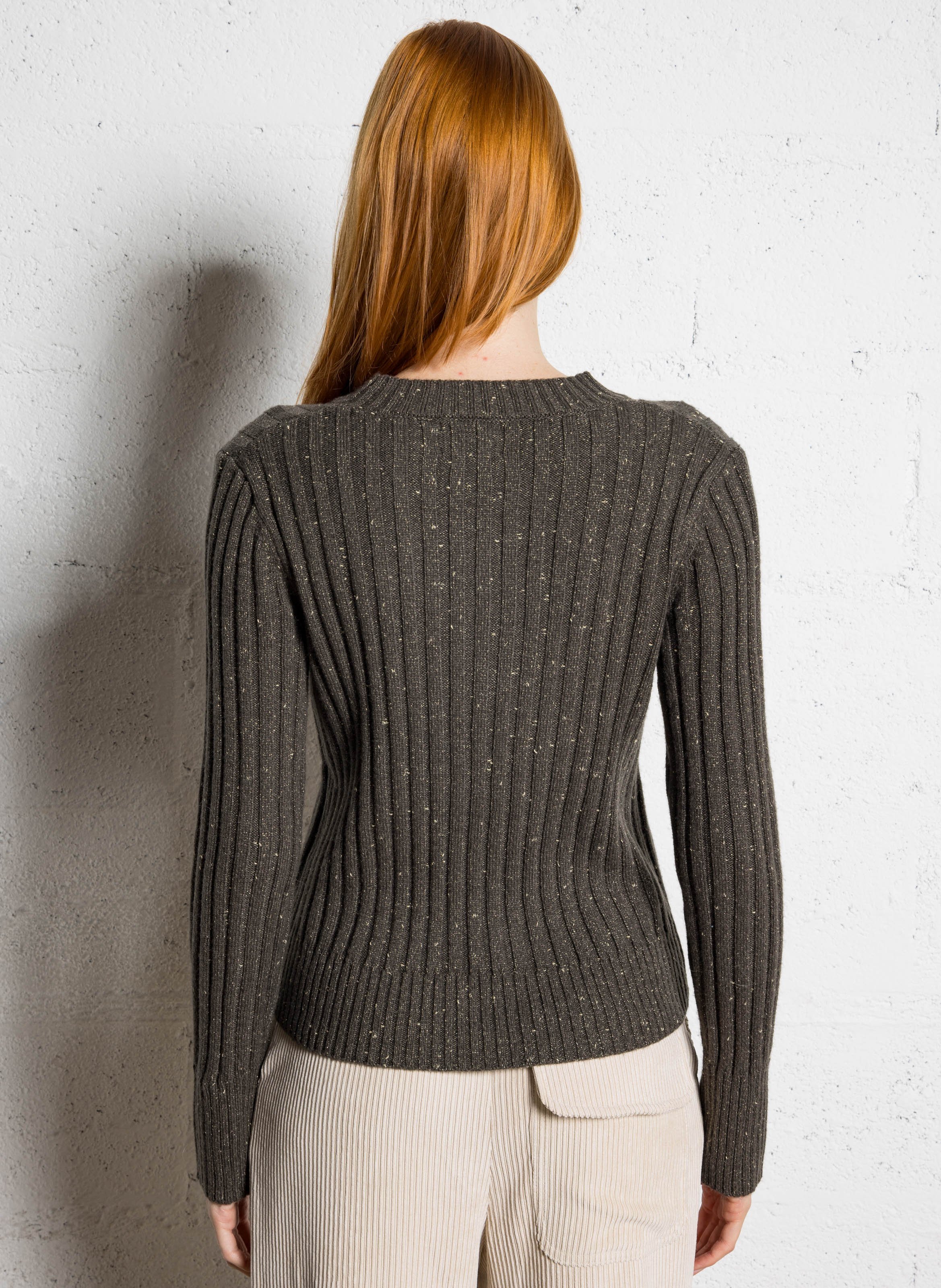 Pull ajusté côtelé à détail métallique MAISON 123 Kaki