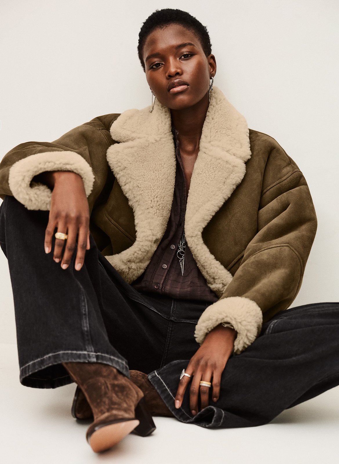 Manteau col tailleur en cuir BA&SH Marron