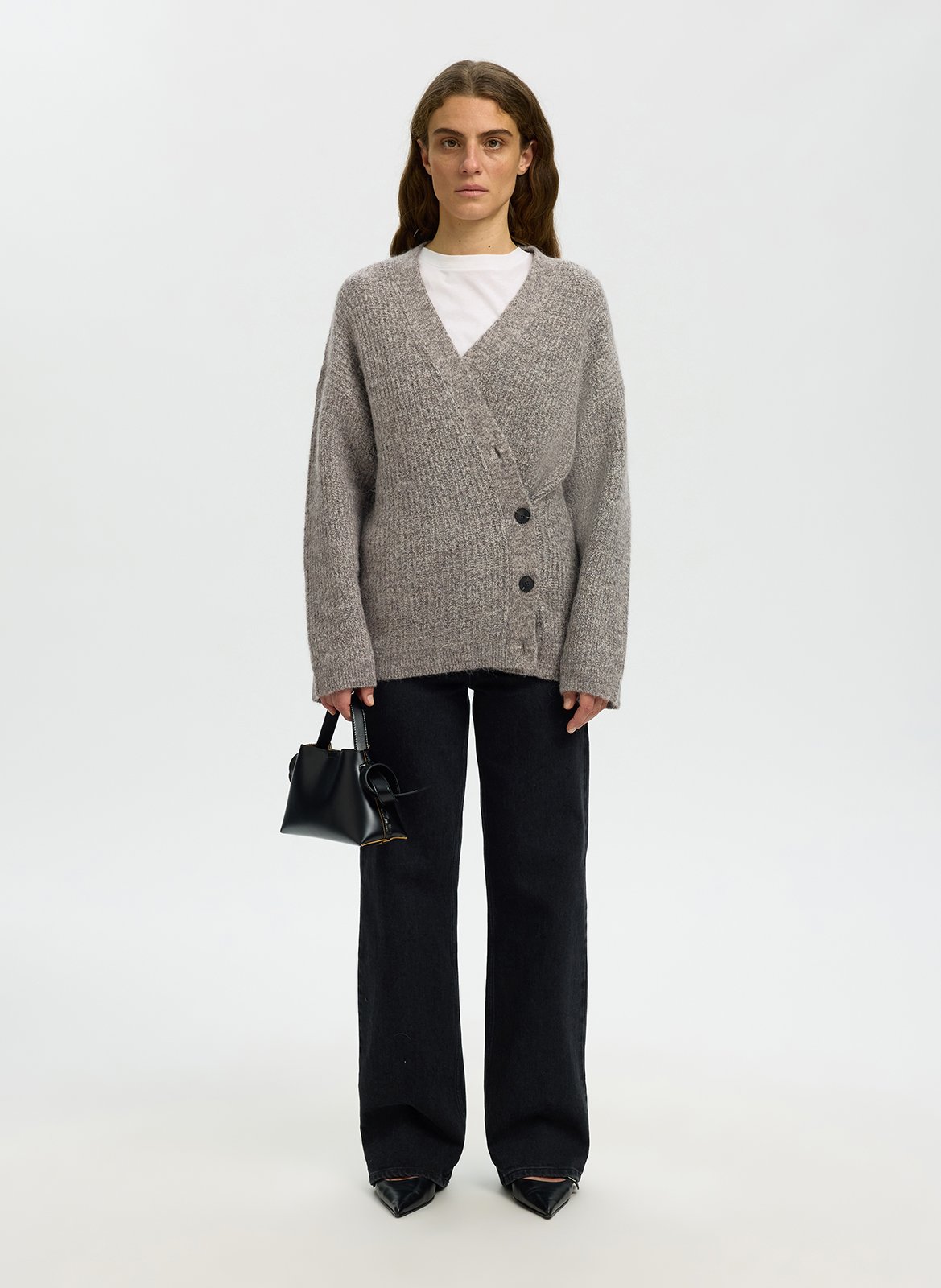 V-hals vest in effen gemengde wol SELECTED Grijs