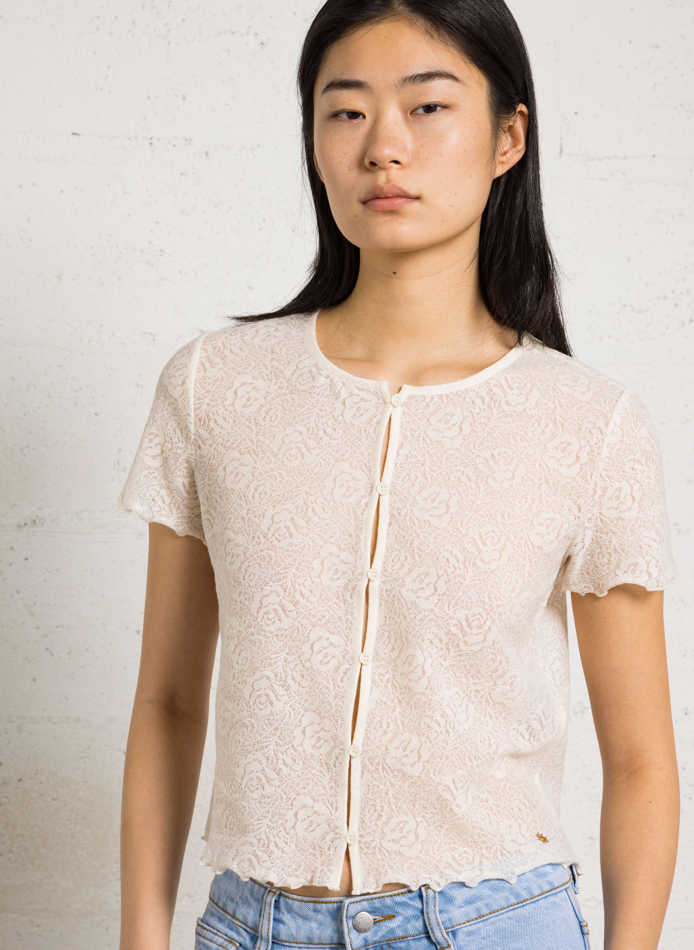 Lace buttoned t-shirt DES PETITS HAUTS Beige