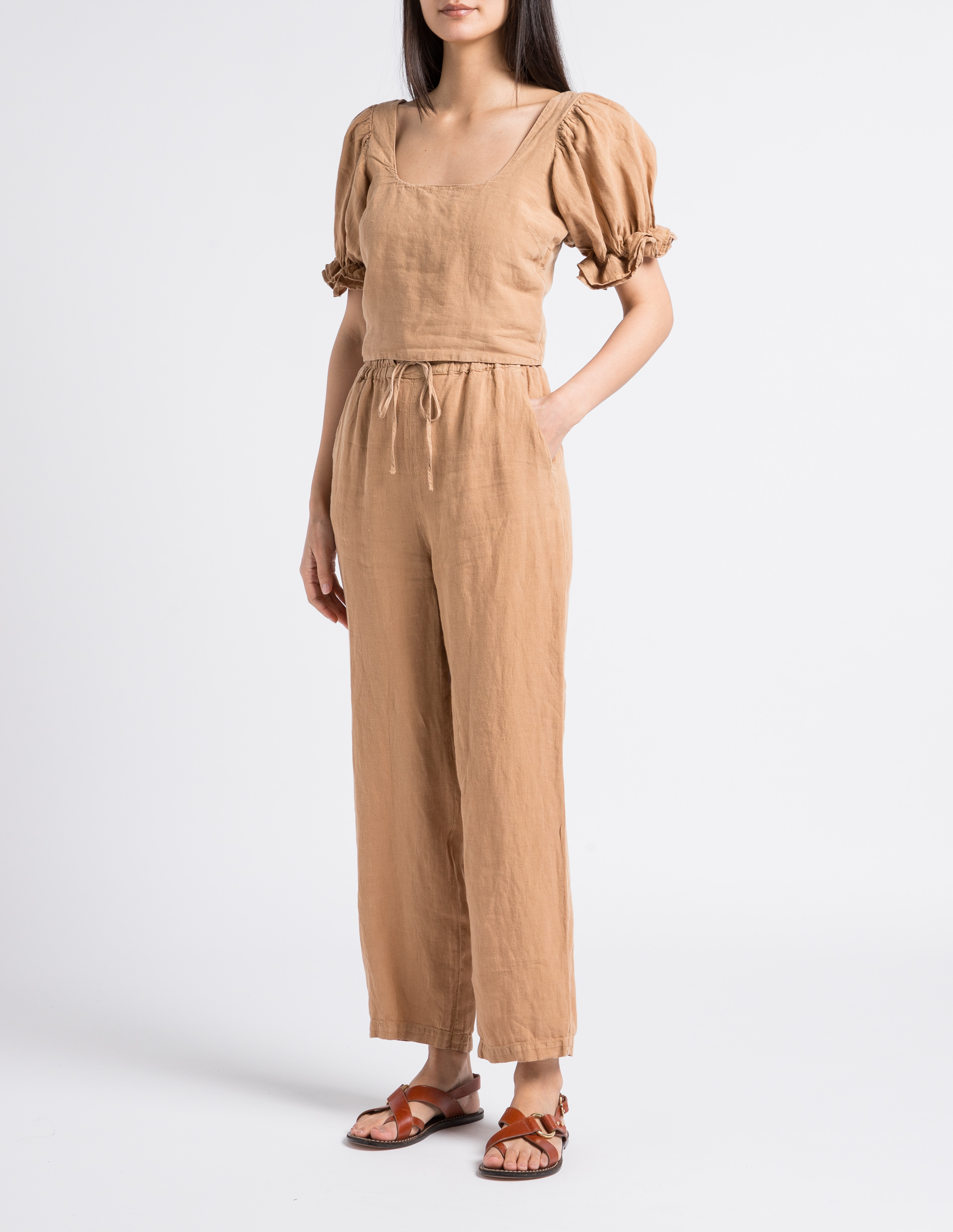 Square-neck linen crop top THE NEW SOCIETY Brown