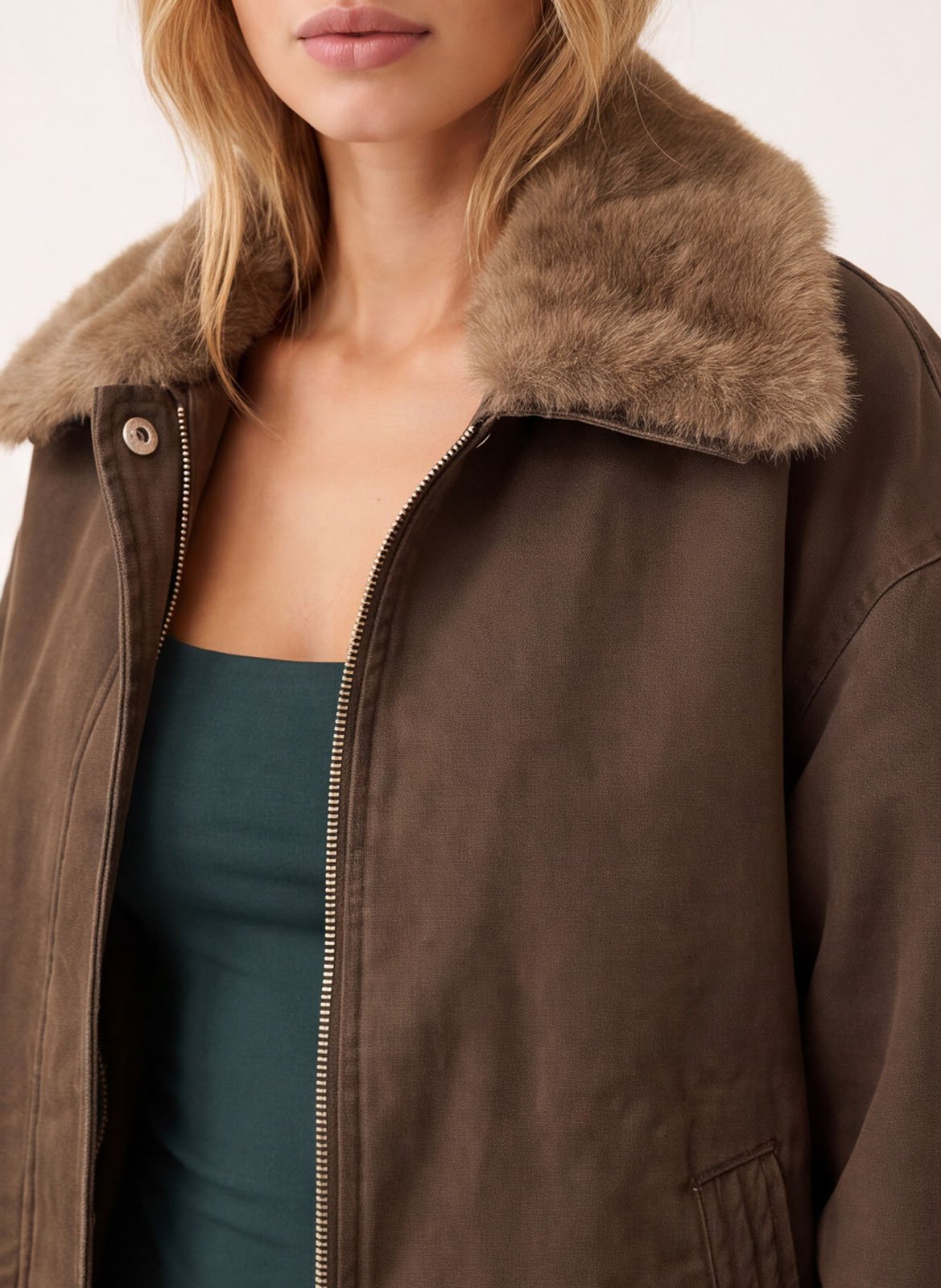 Straight-cut cotton jacket with a faux fur-effect collar KOOKAI Brown