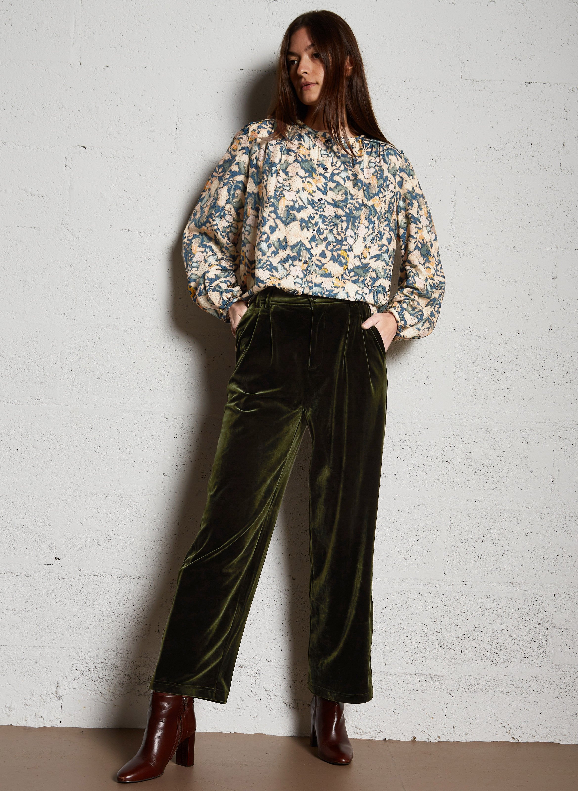 Pantalon large en velours SEE U SOON Kaki