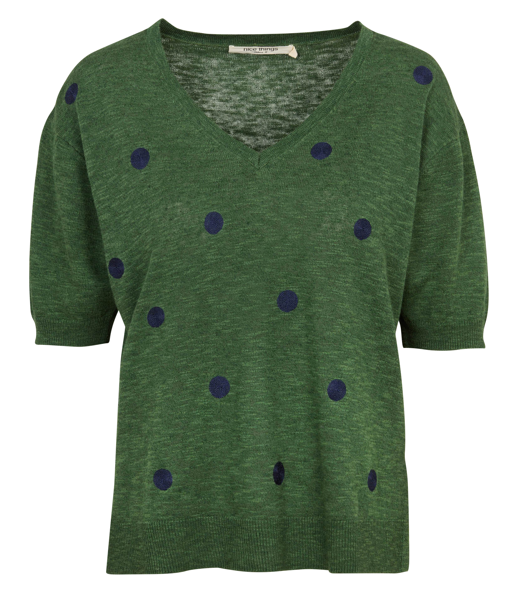 Pull col v brodé en lin mélangé NICE THINGS Vert