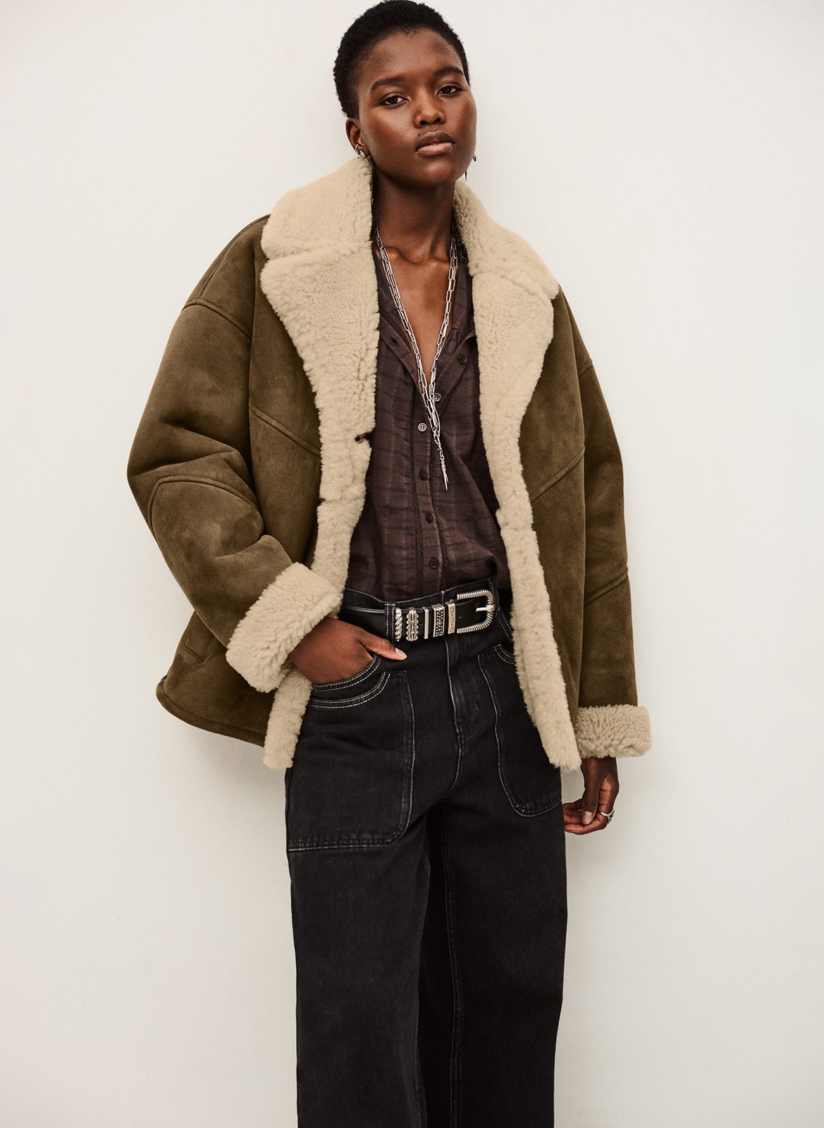 Manteau col tailleur en cuir BA&SH Marron