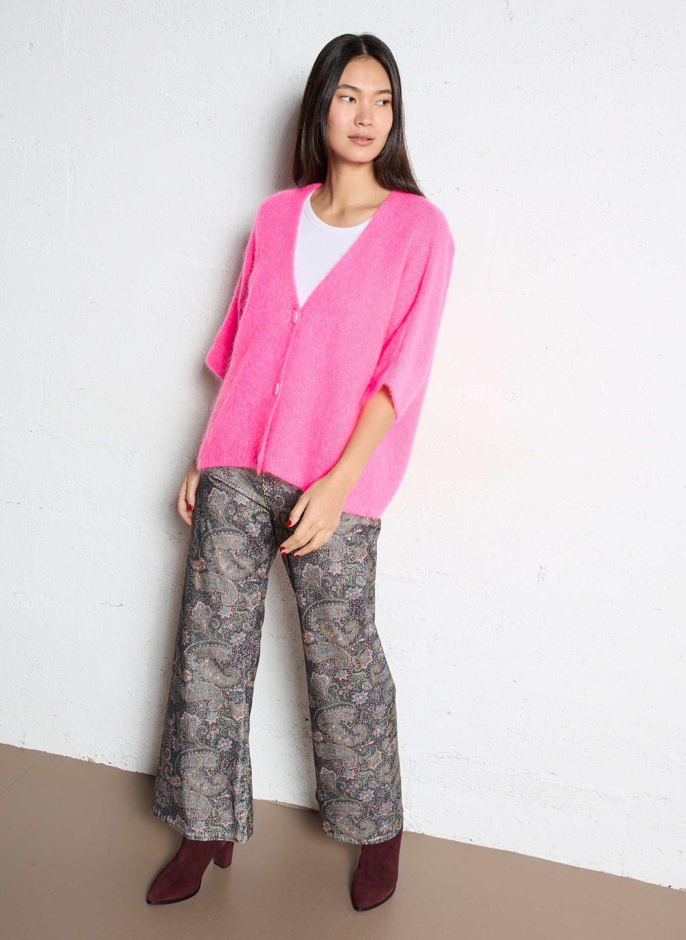 Gilet à col V ample en maille mélangée PLEASE Rose