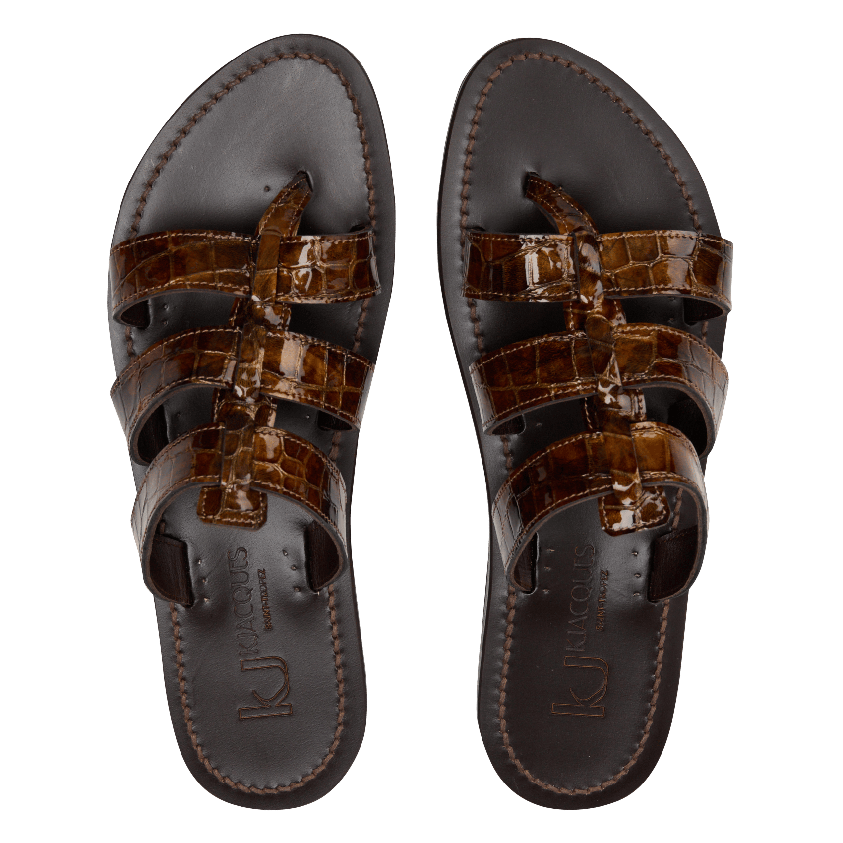 Mules spartiates en cuir verni aspect croco K JACQUES Marron