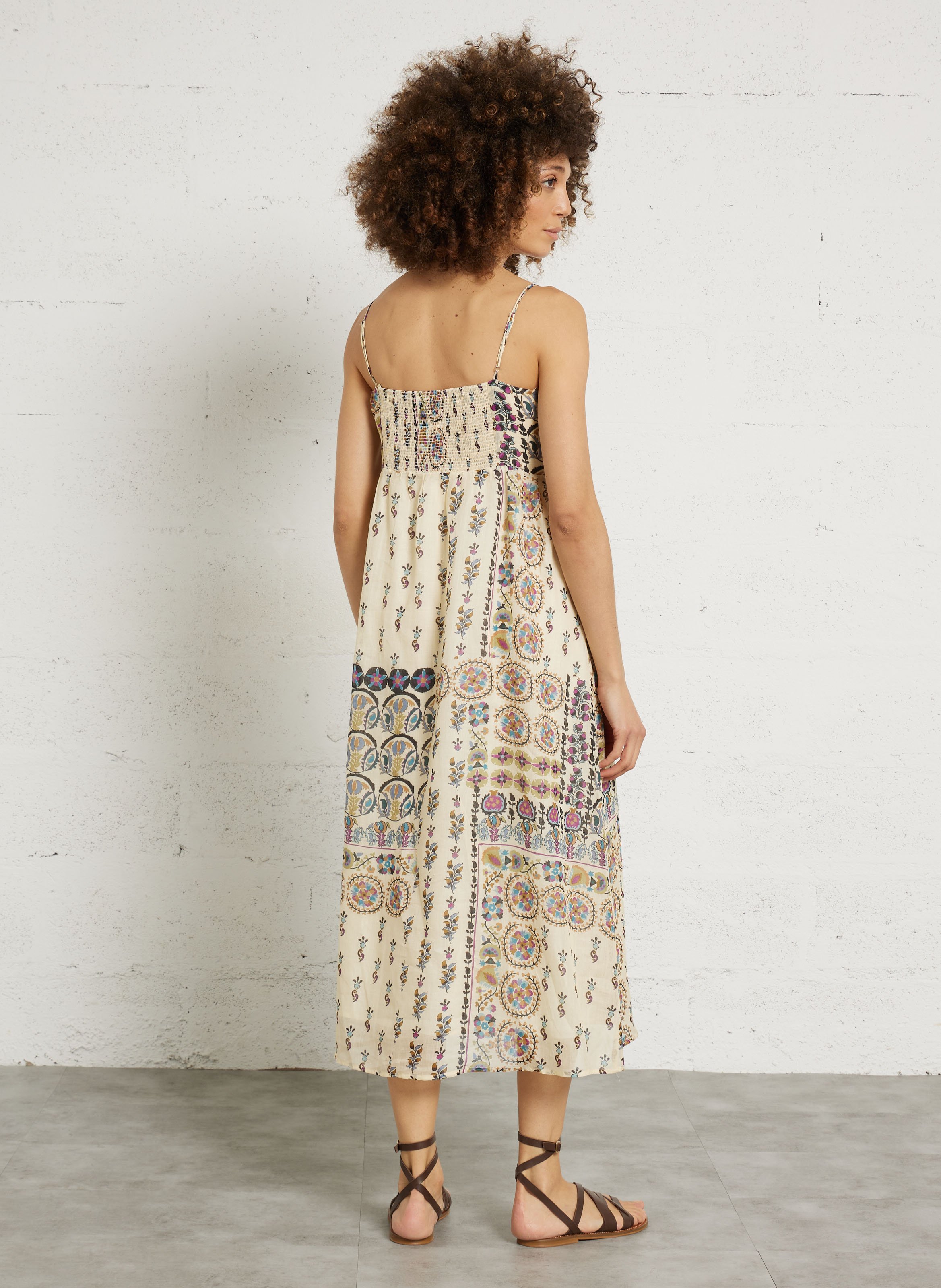 Jurk met wijde pasvorm, bedrukt, met spaghettibandjes van linnen SEE U SOON Wit