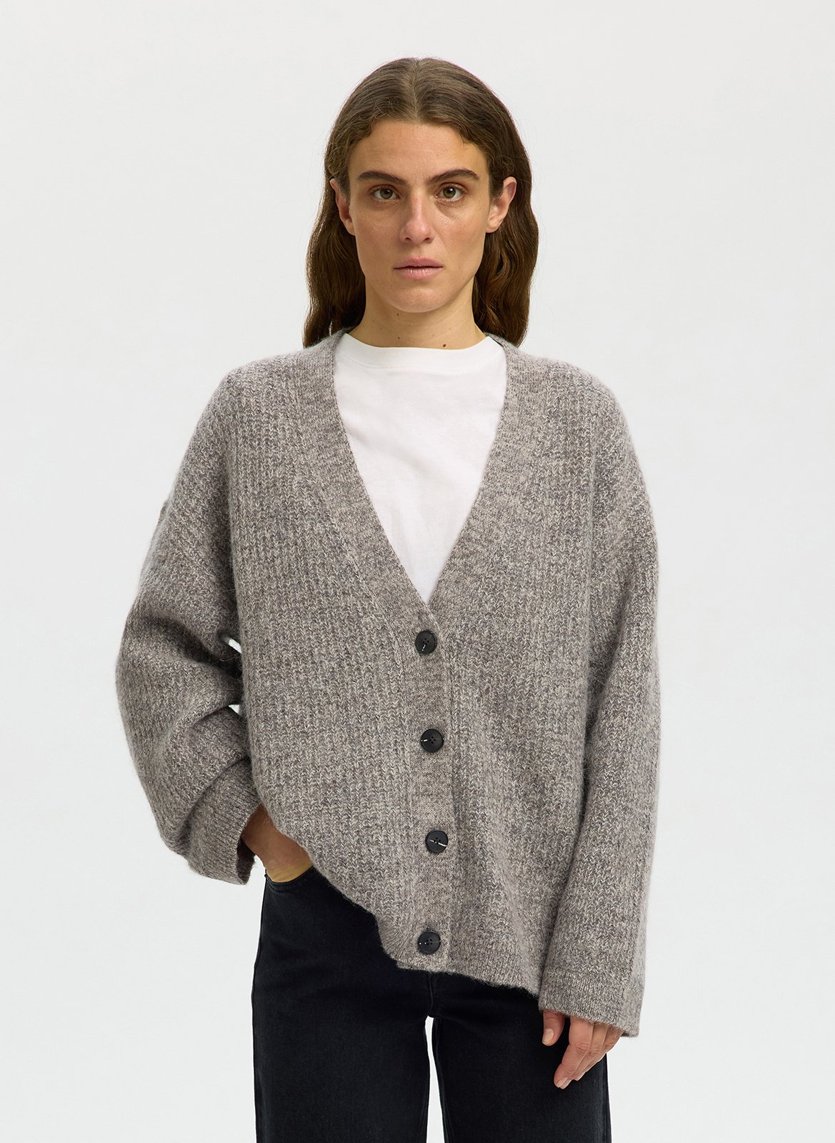 V-hals vest in effen gemengde wol SELECTED Grijs