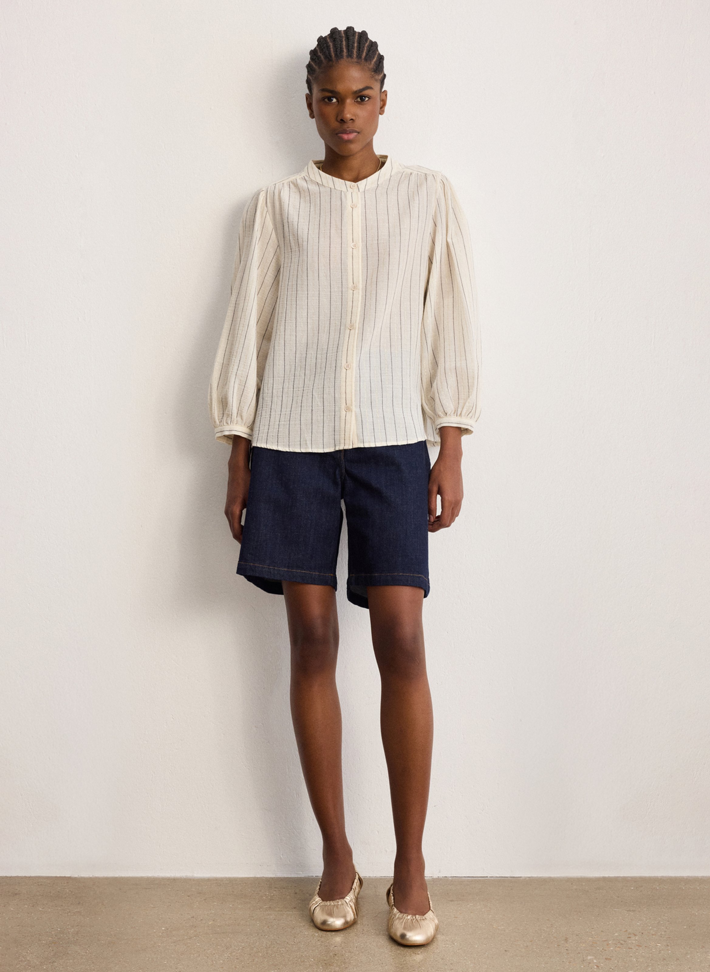 Cotton-blend straight-cut shirt with mandarin collar PABLO Beige