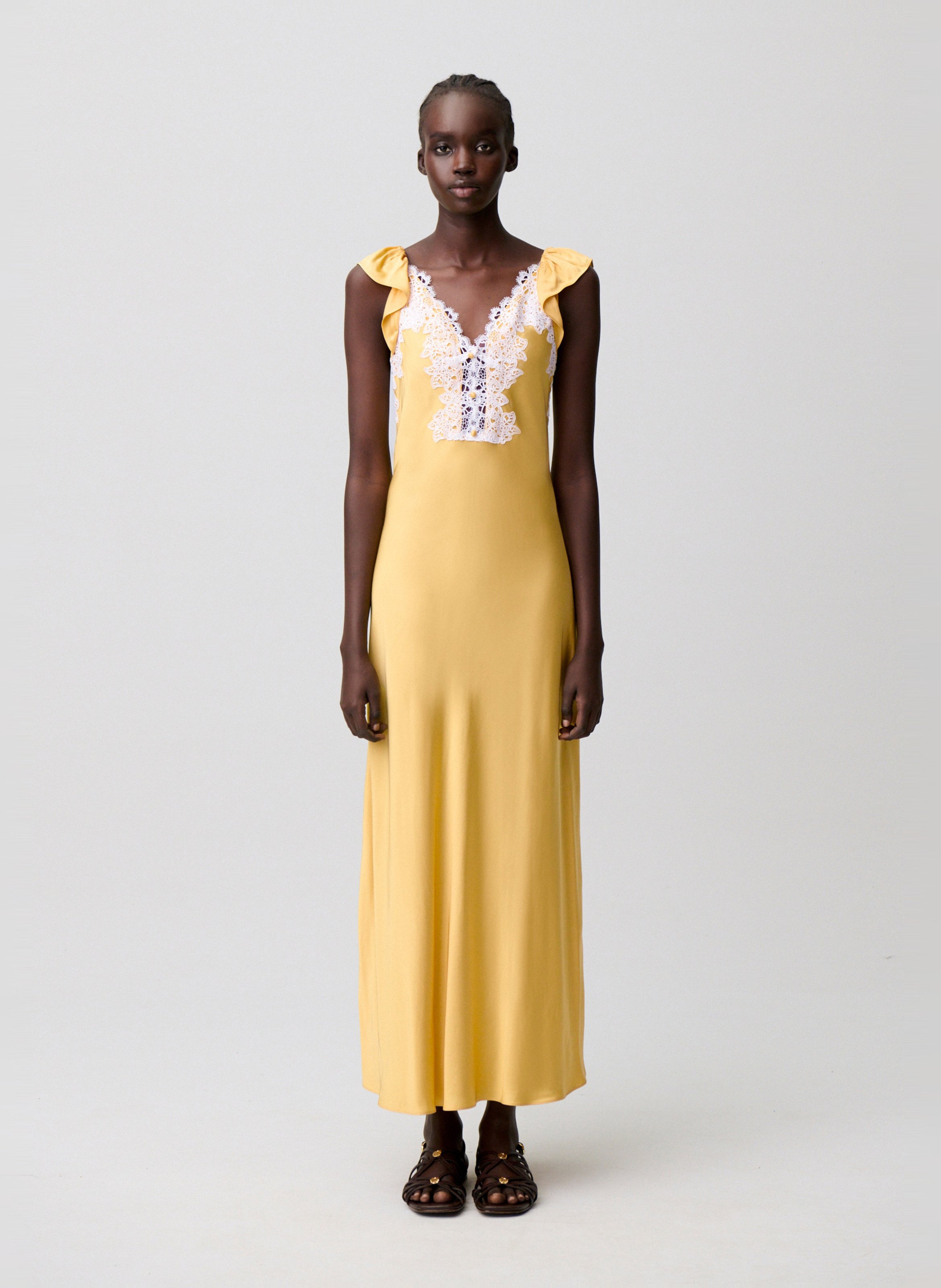 Satin Long Dress with Lace CLAUDIE PIERLOT Yellow