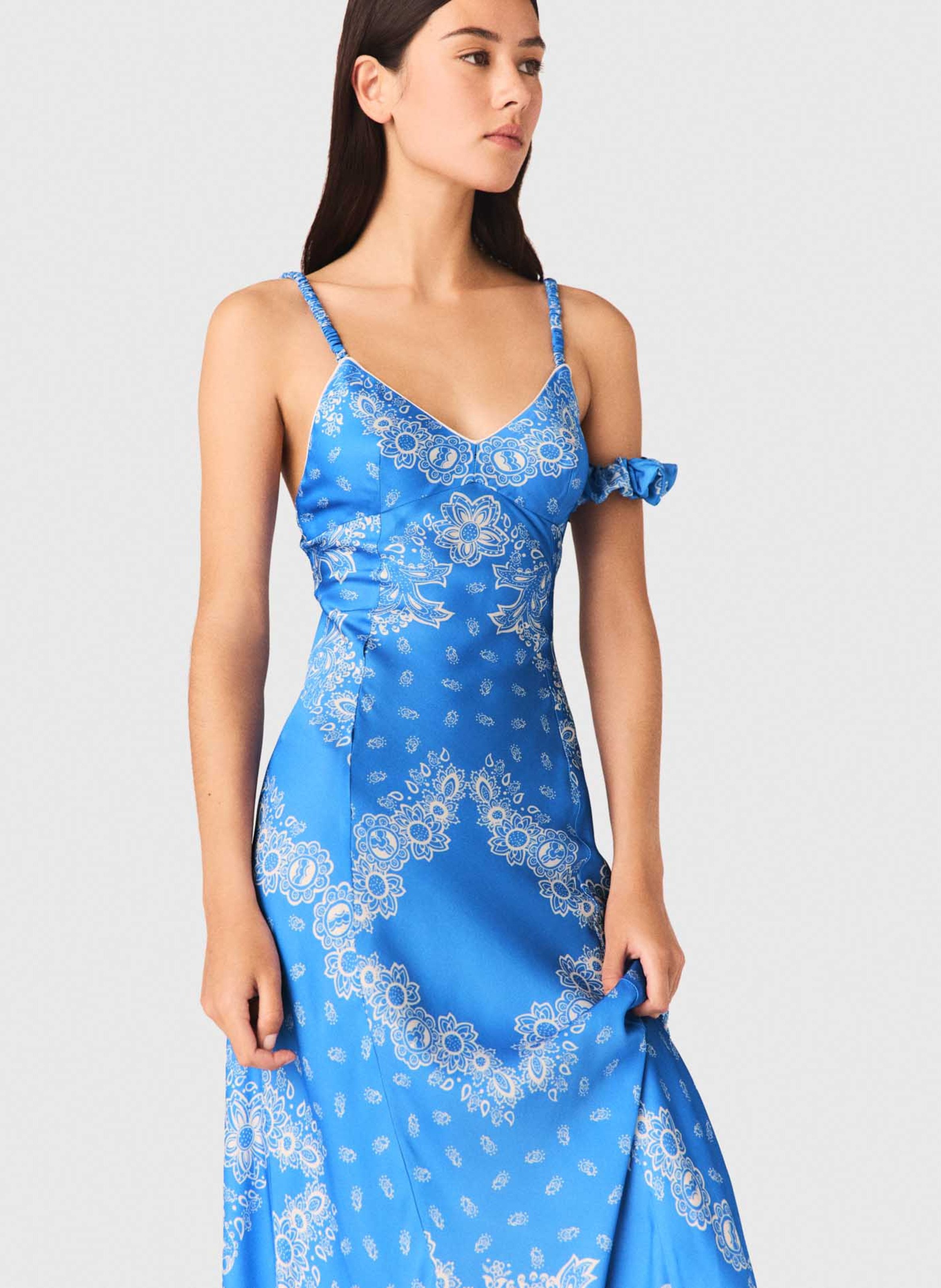 Robe longue col V imprimée MAJE Bleu