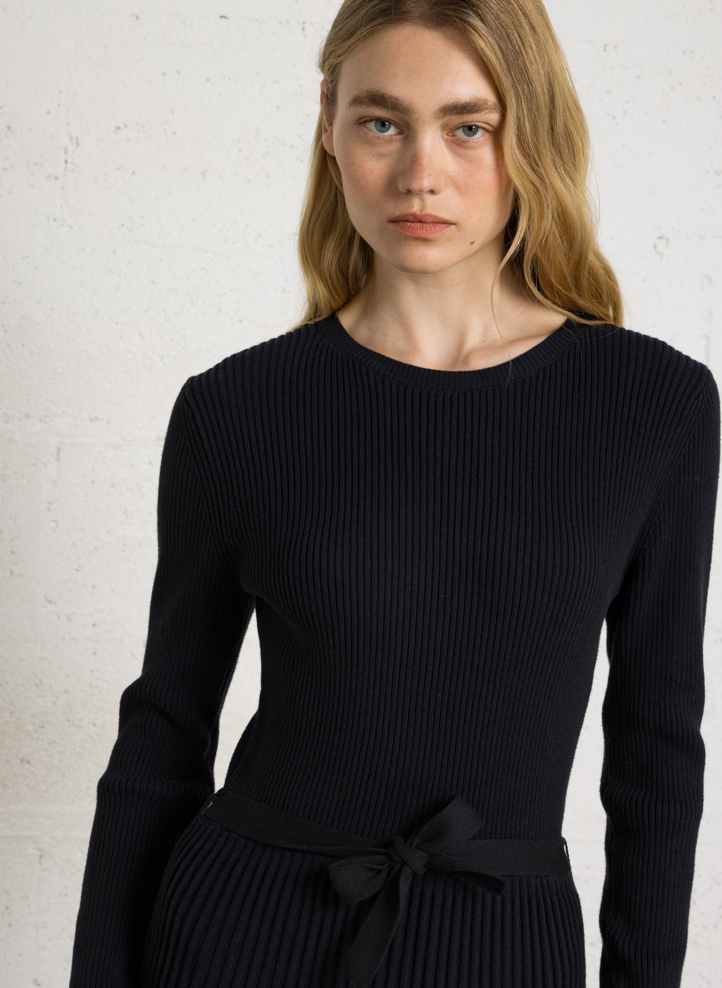 Halflange jurk met ceintuur - katoenblend MAISON 123 Blauw