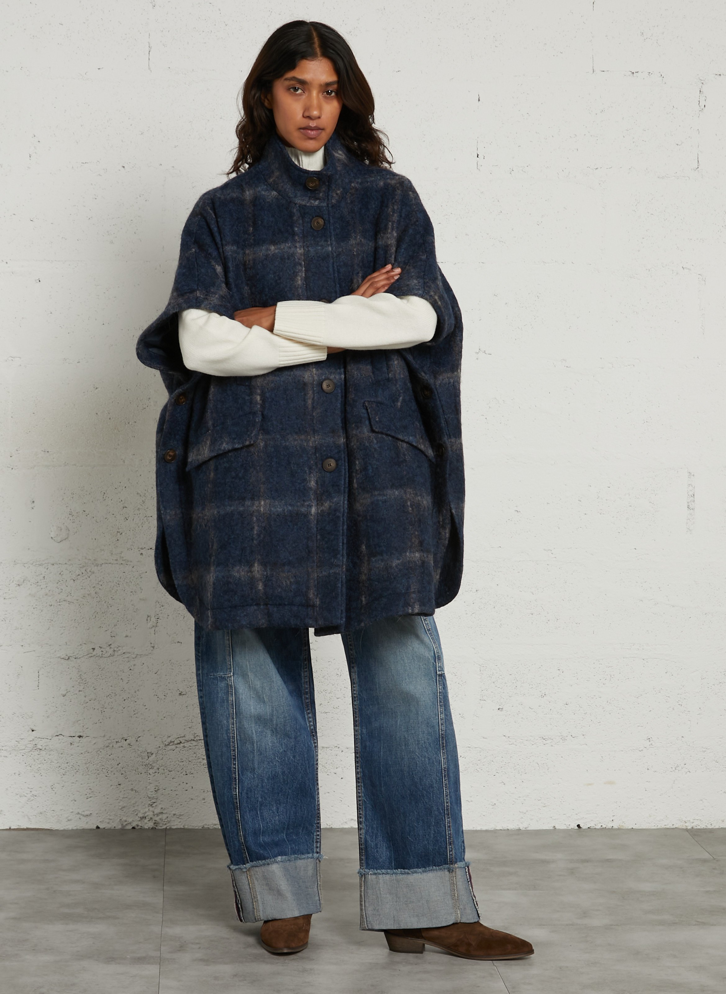 Oversized high-neck checked cape | Blue MAISON 123 Women