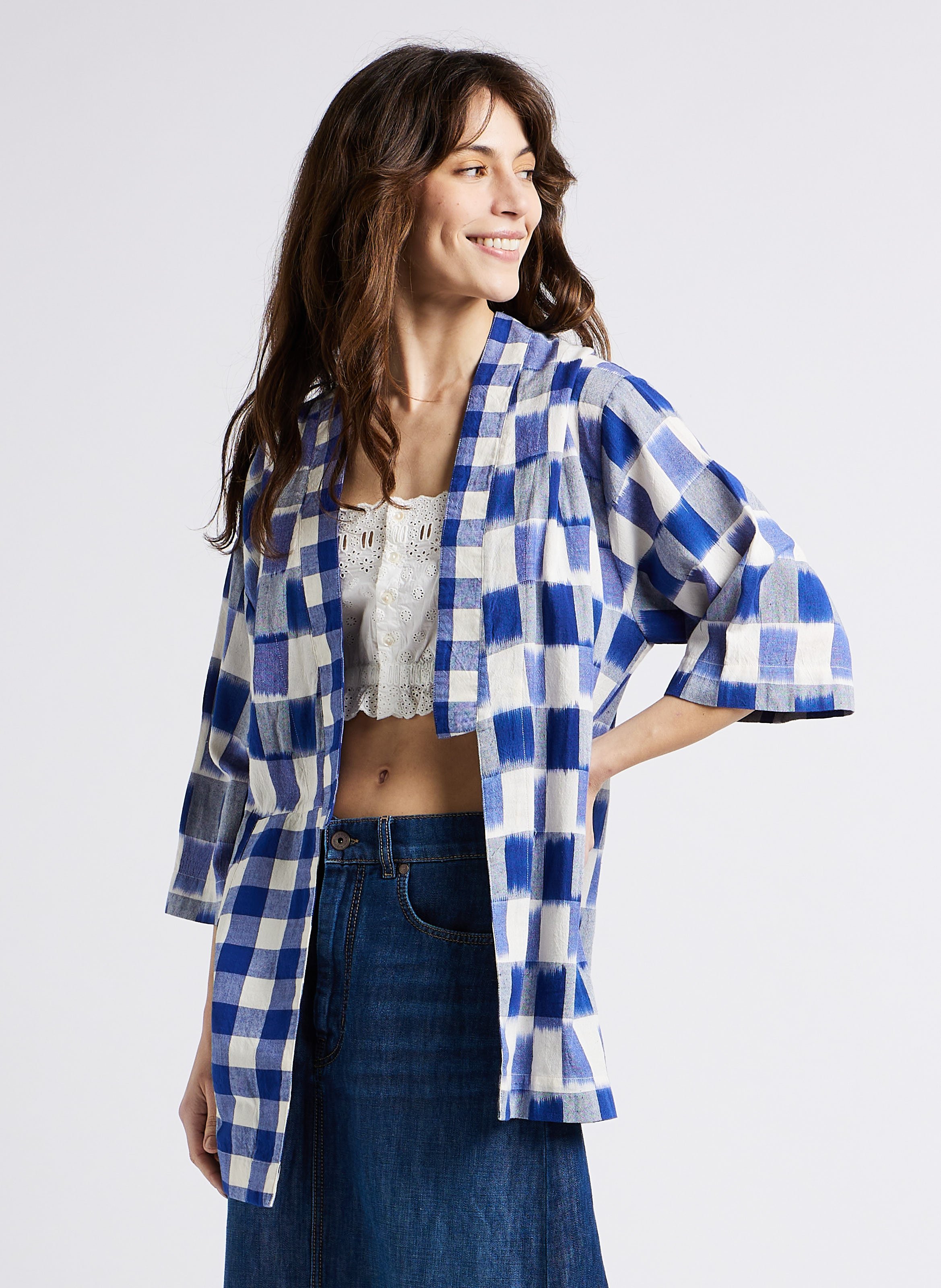 Straight checked cotton kimono V DE VINSTER Blue