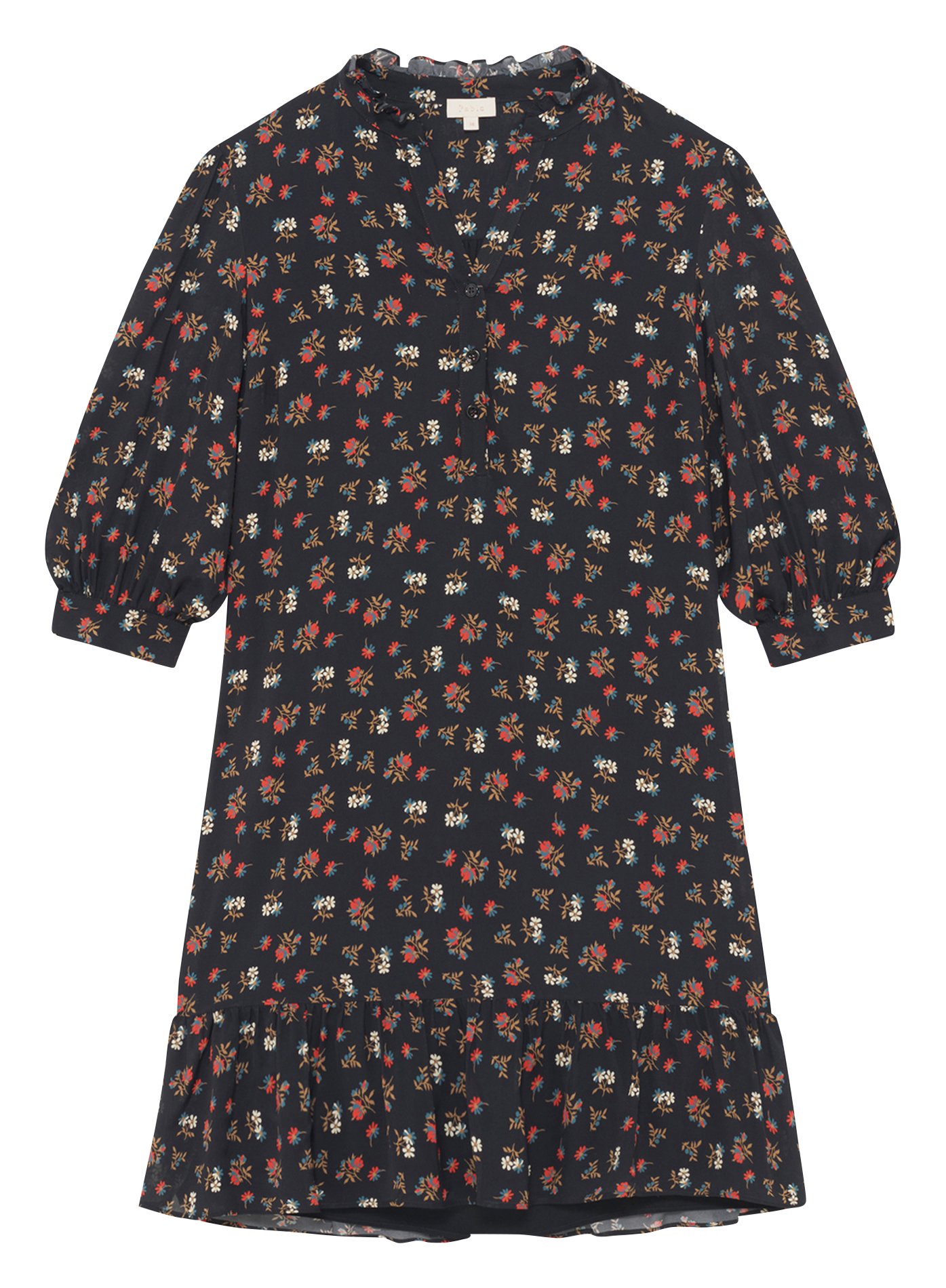 Korte jurk met bloemenprint en ruches bij de hals PABLO Zwart