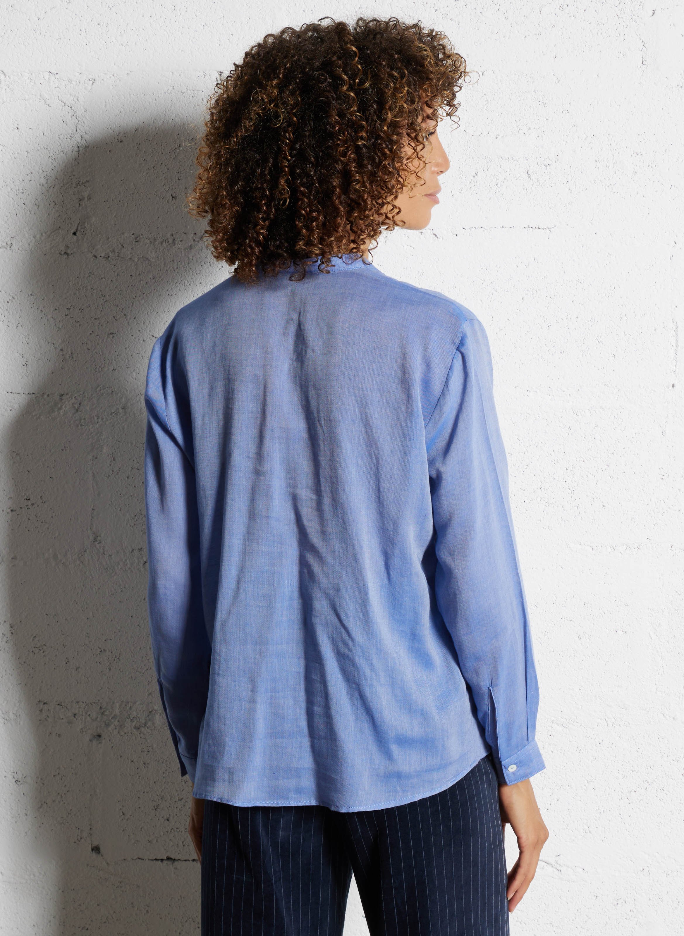 Blouse volantée col tunisien unie DIEGA Bleu