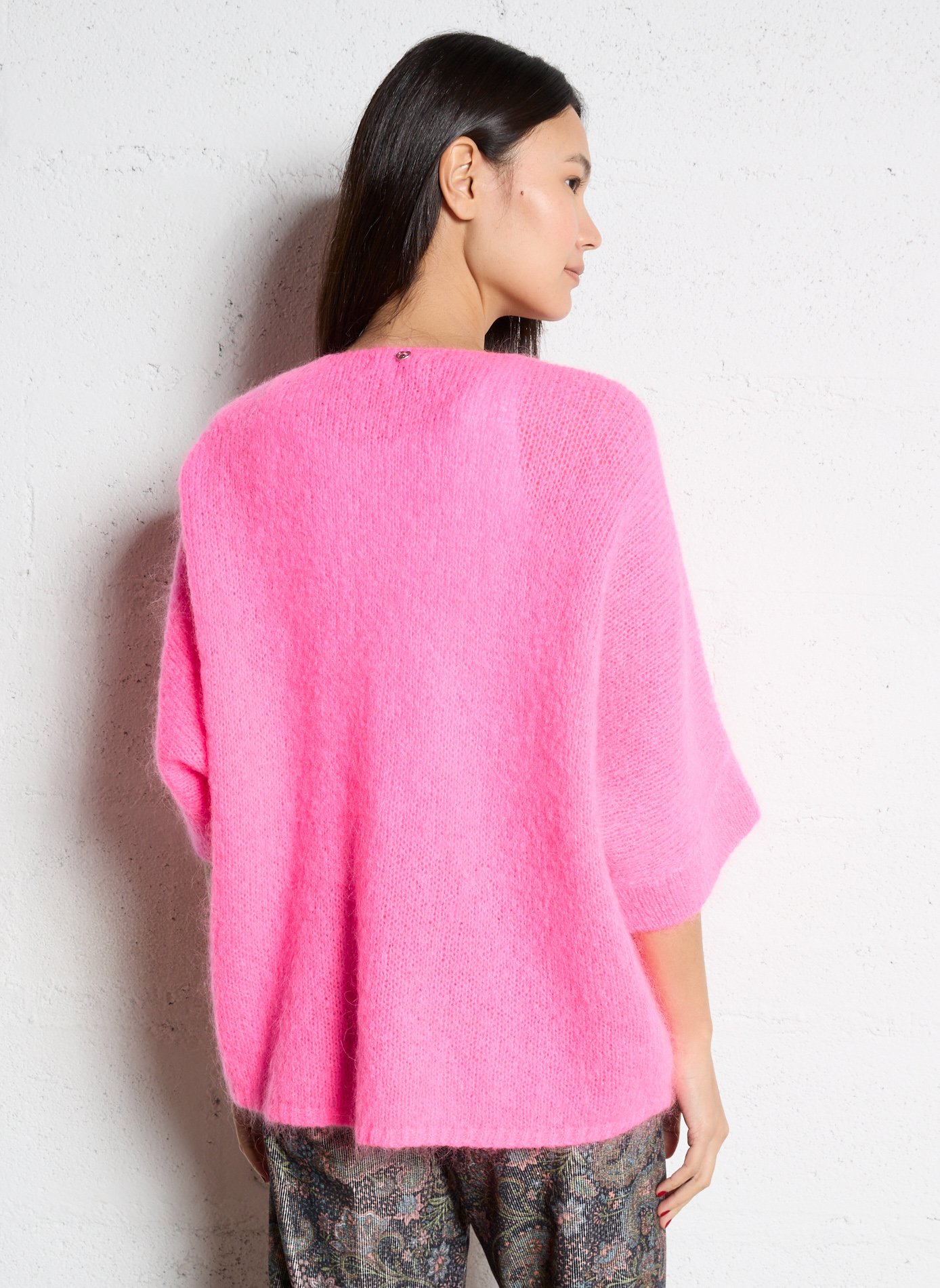 Gilet à col V ample en maille mélangée PLEASE Rose