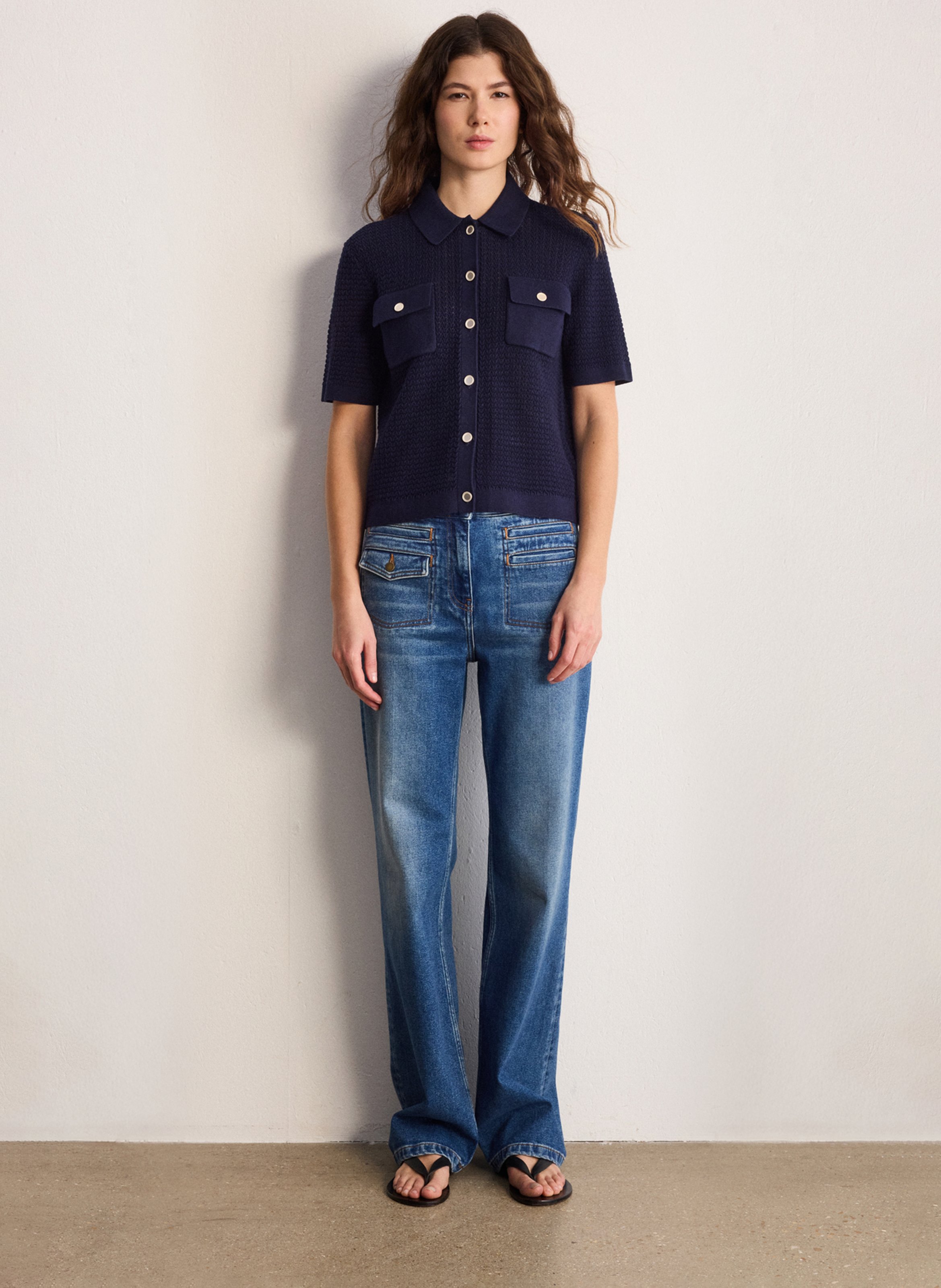 Gilet droit col classique en lin et coton mélangé PABLO Bleu