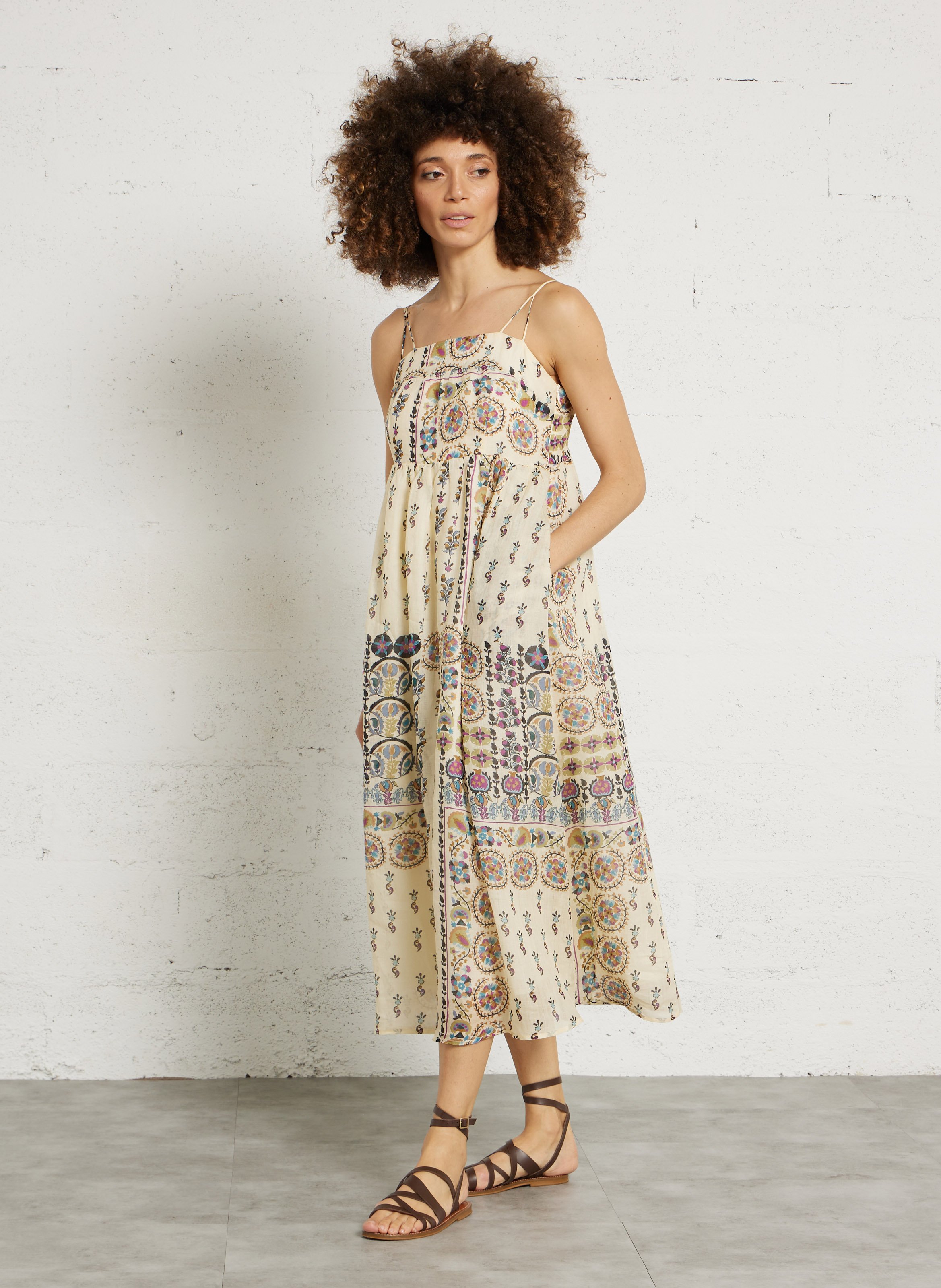 Jurk met wijde pasvorm, bedrukt, met spaghettibandjes van linnen SEE U SOON Wit