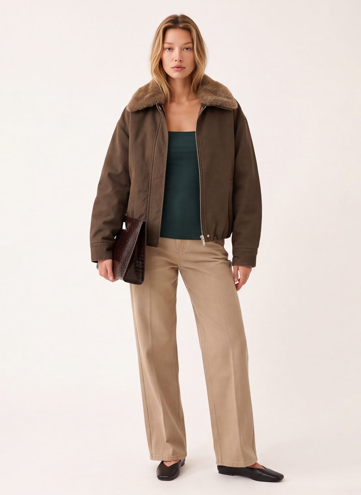 Straight-cut cotton jacket with a faux fur-effect collar KOOKAI Brown