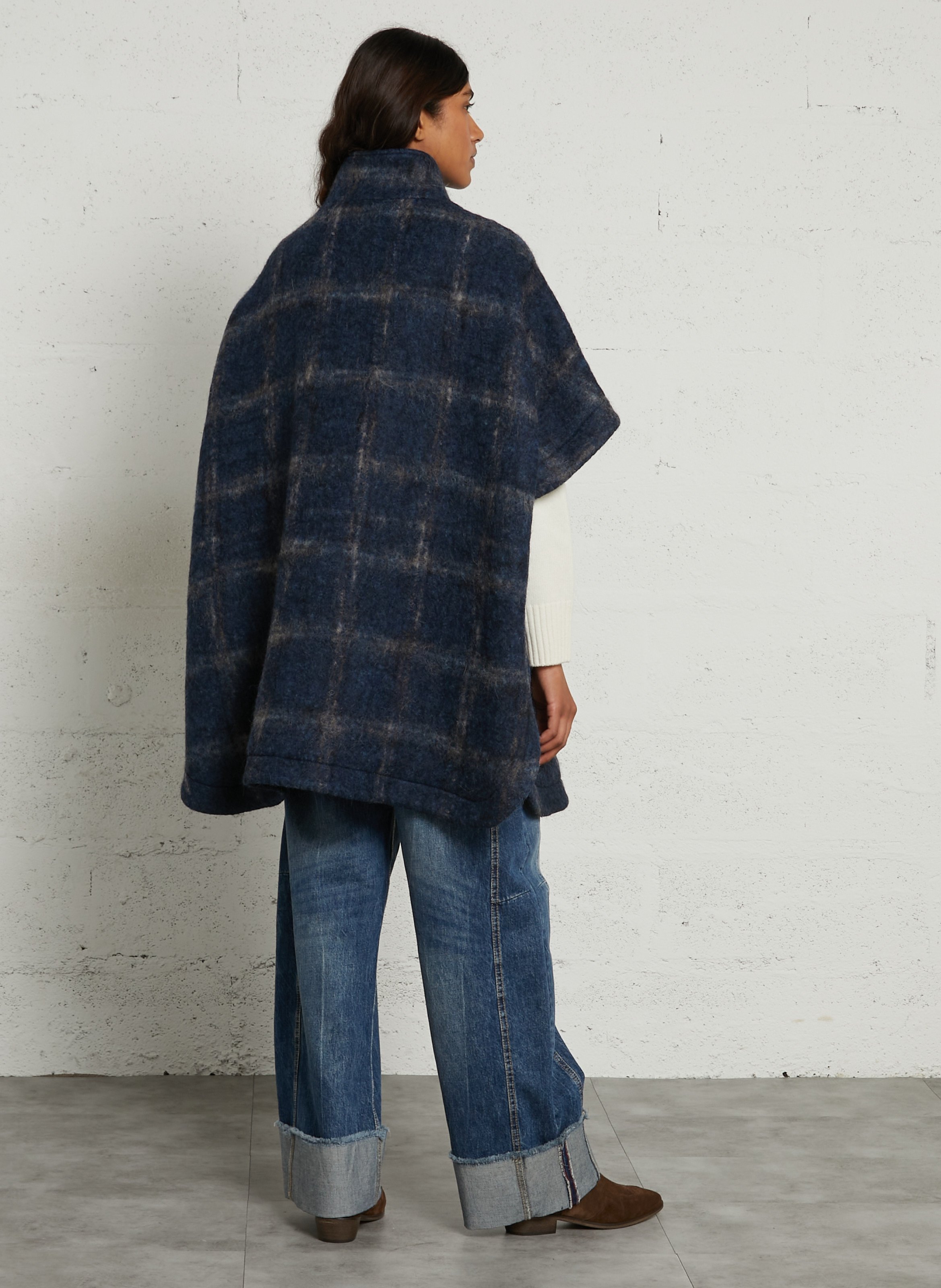 Oversized high-neck checked cape | Blue MAISON 123 Women