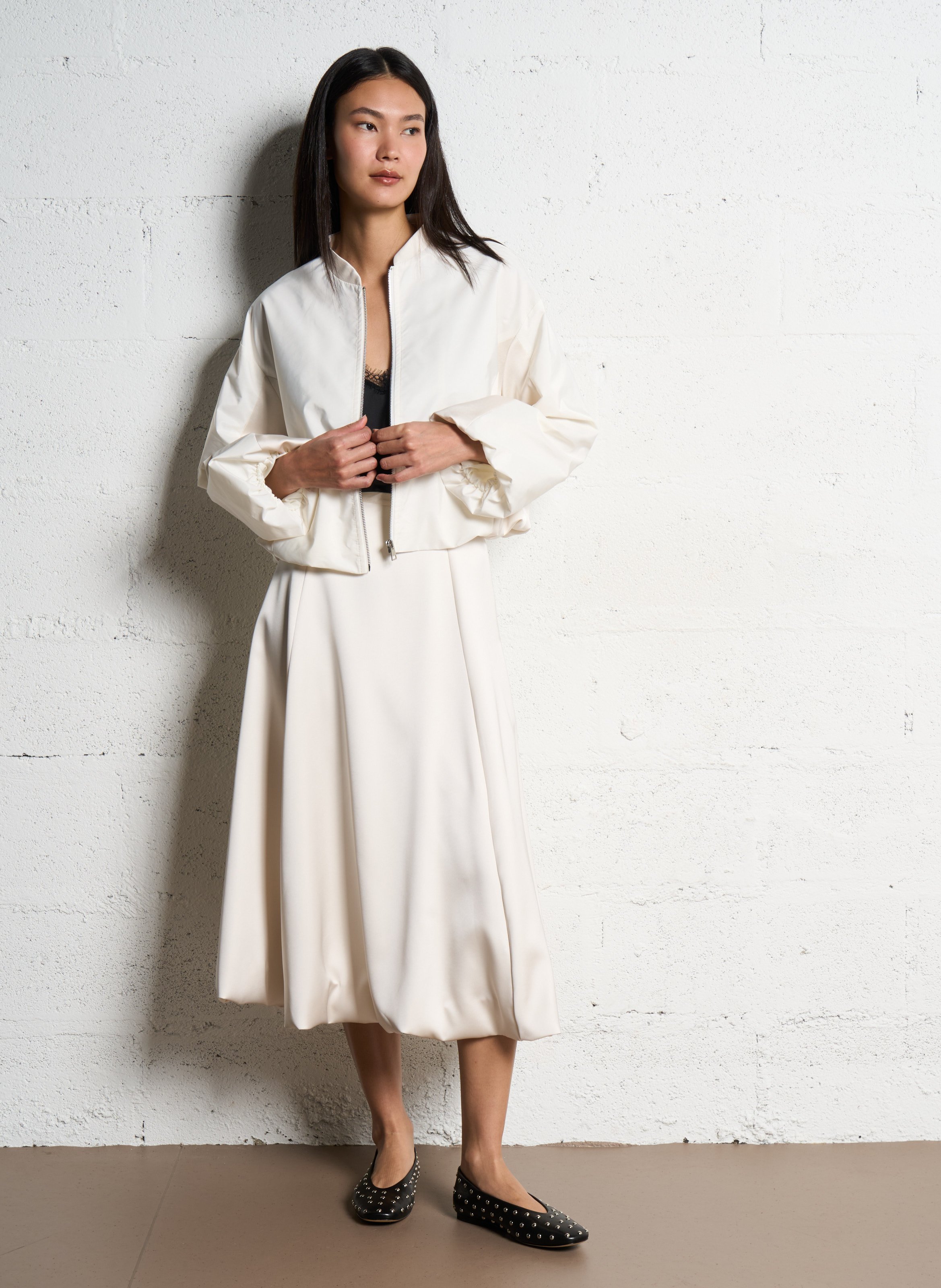 Satin Flared Midi Skirt IMPERIAL White