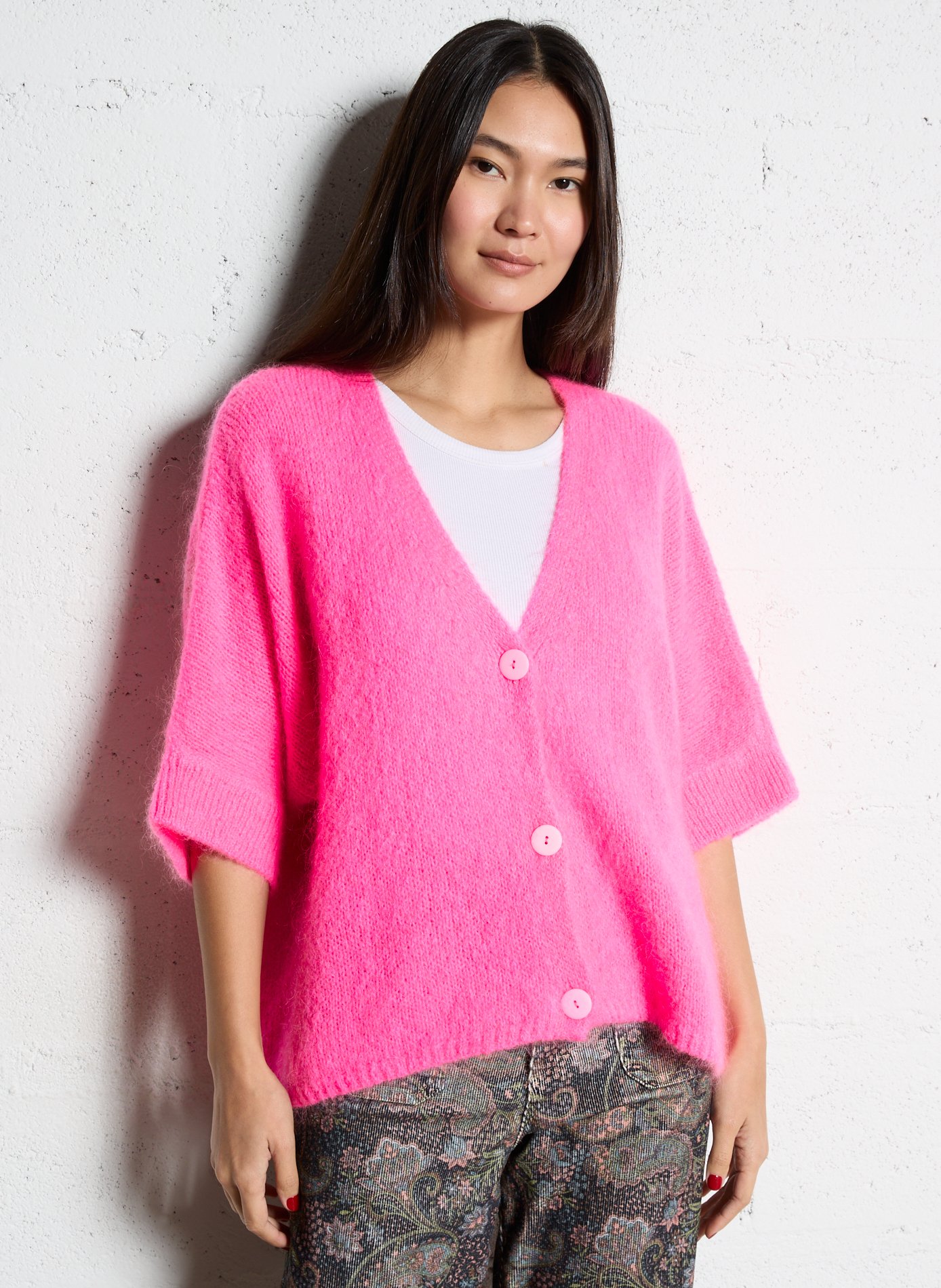 Gilet à col V ample en maille mélangée PLEASE Rose