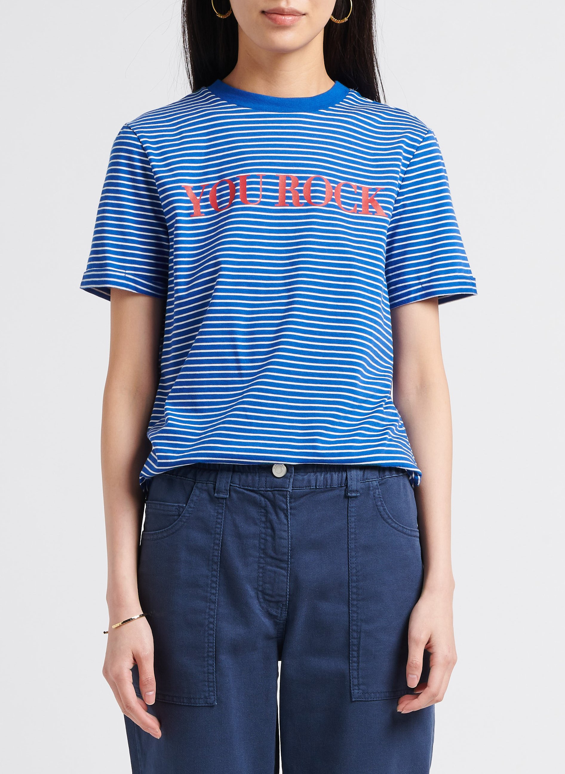 Gestreiftes Baumwoll-T-Shirt mit Siebdruck PIECES Blau